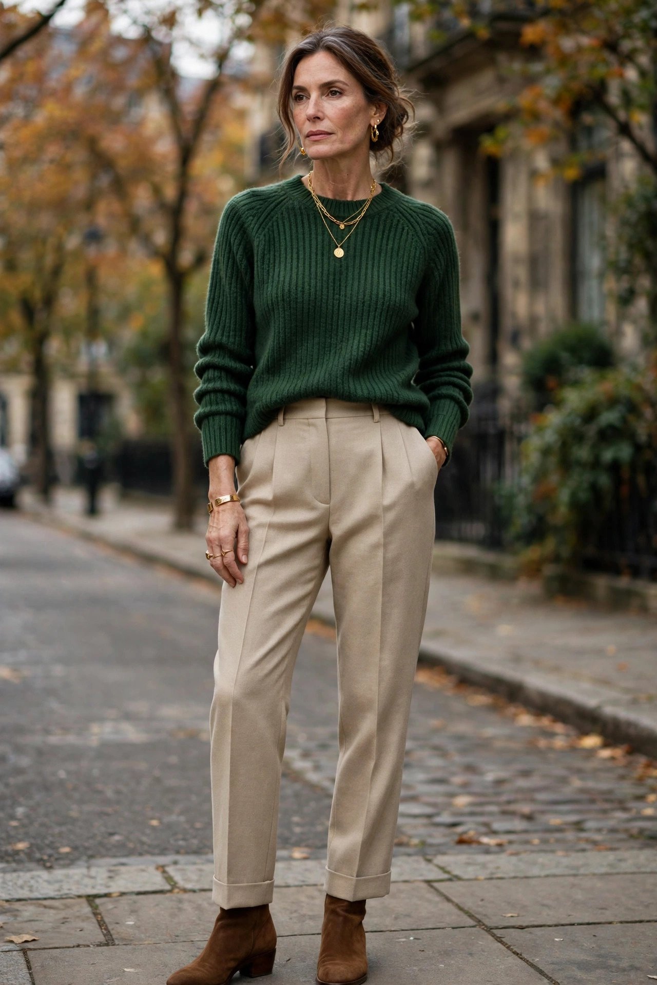 Woman in a bodycon knit dress with a fedora on the street