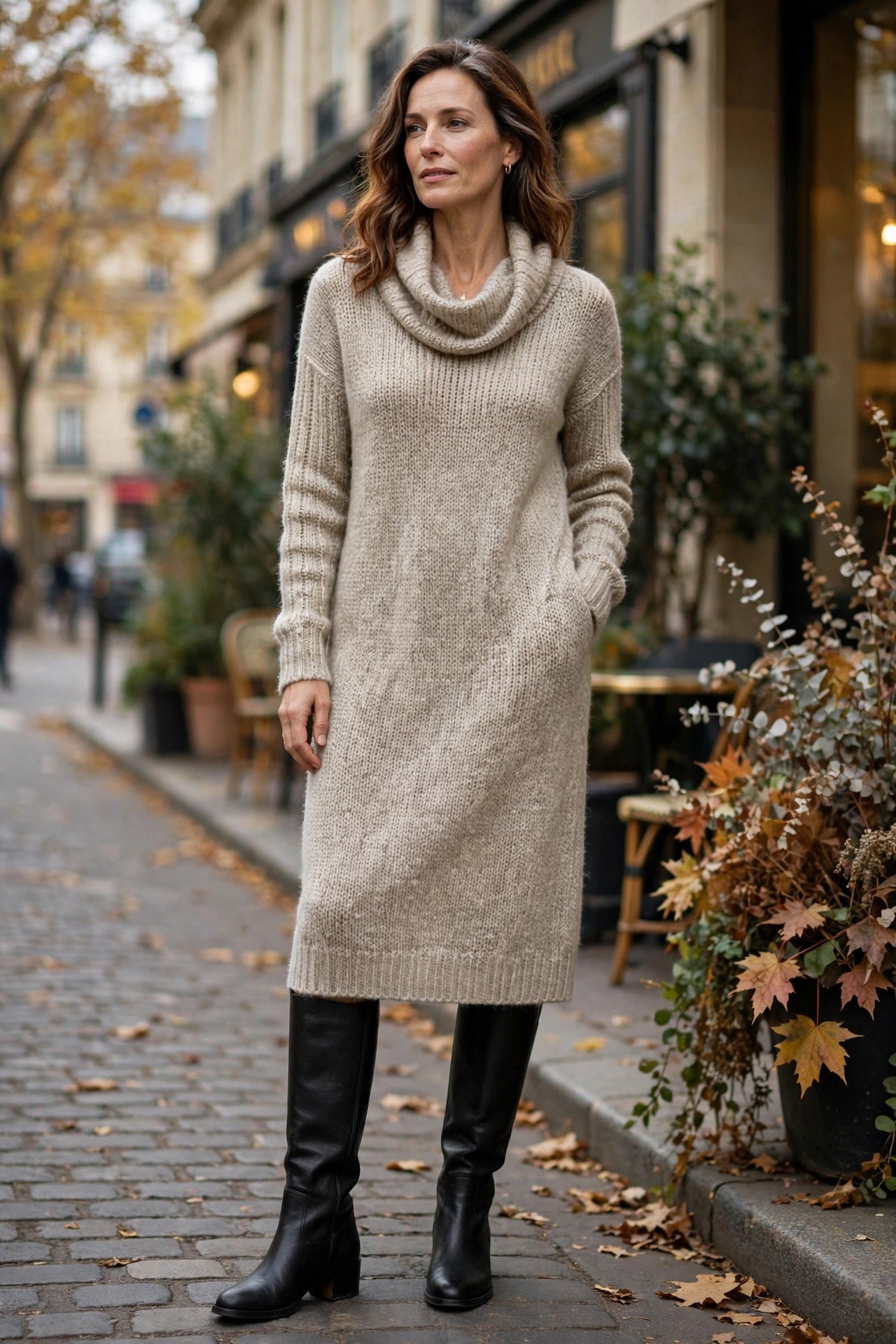 Woman in a white knit dress standing in the snow