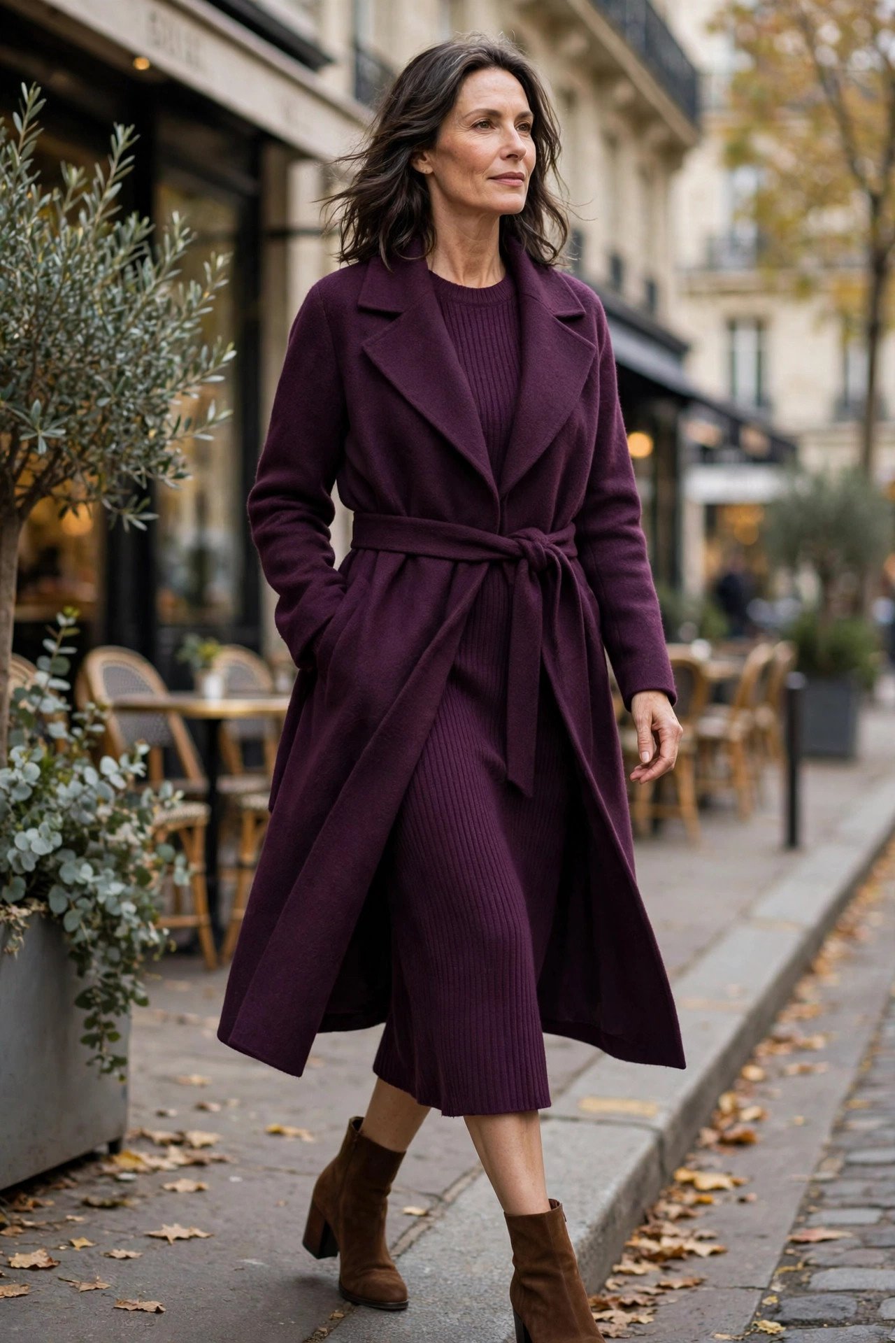 Woman wearing a red sweater dress on a windy day