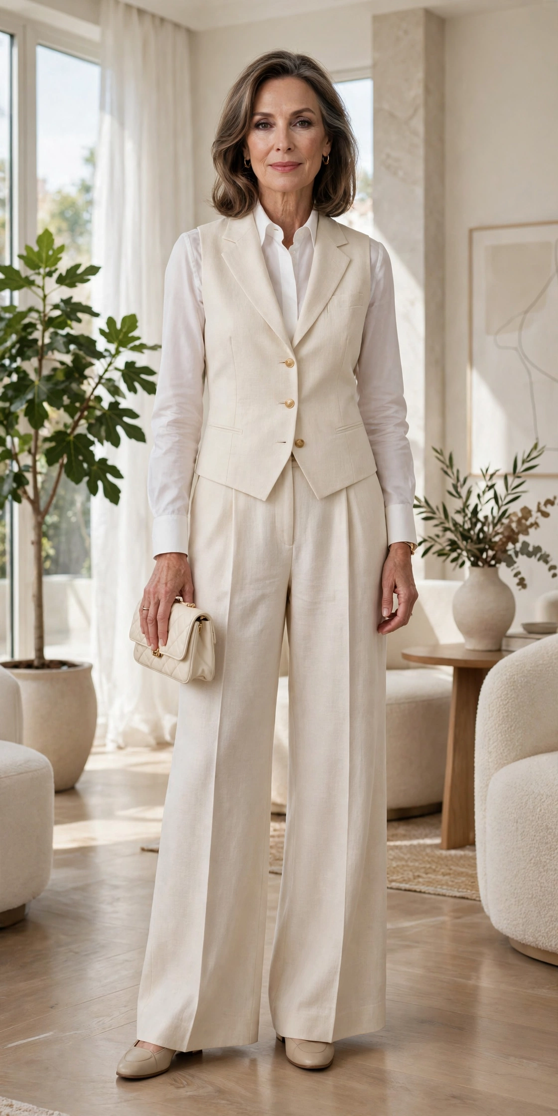 Mature woman wearing tailored waistcoat with wide-leg trousers