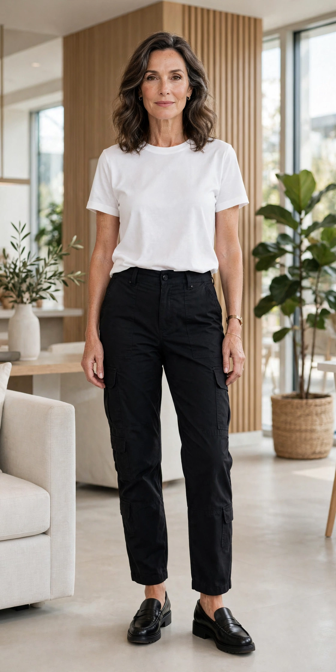 Mature woman in white t-shirt and jeans casual elegant outfit