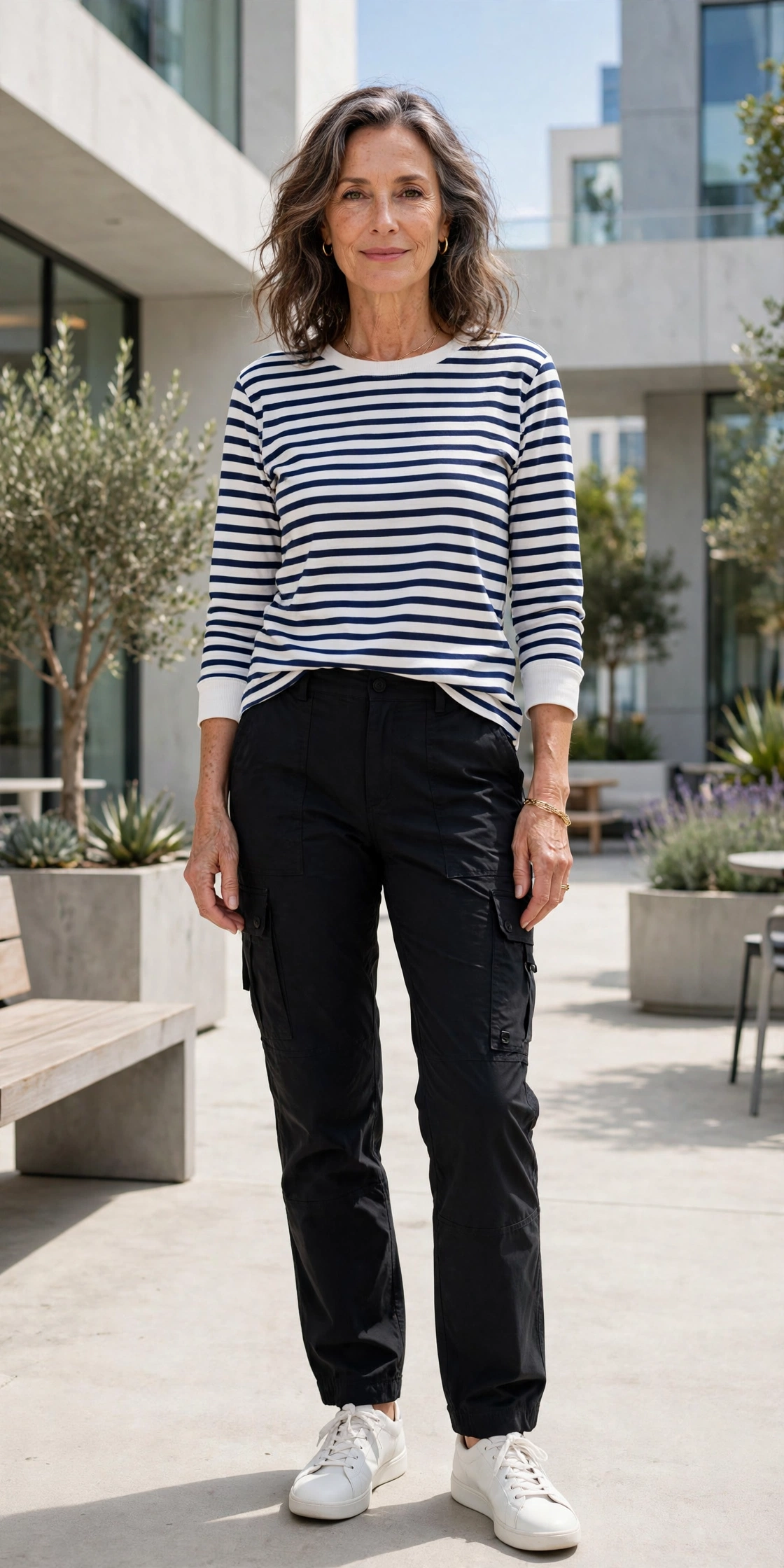 Mature woman in striped top casual stylish outfit