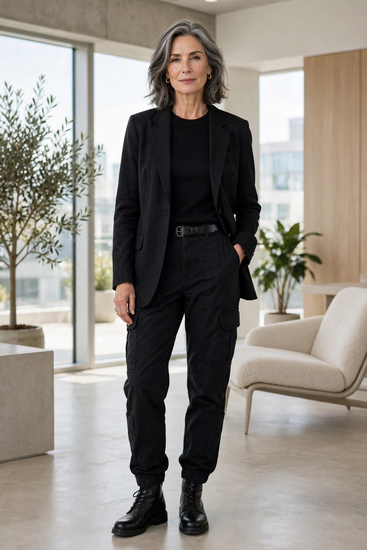 Mature woman in blazer casual elegant outfit