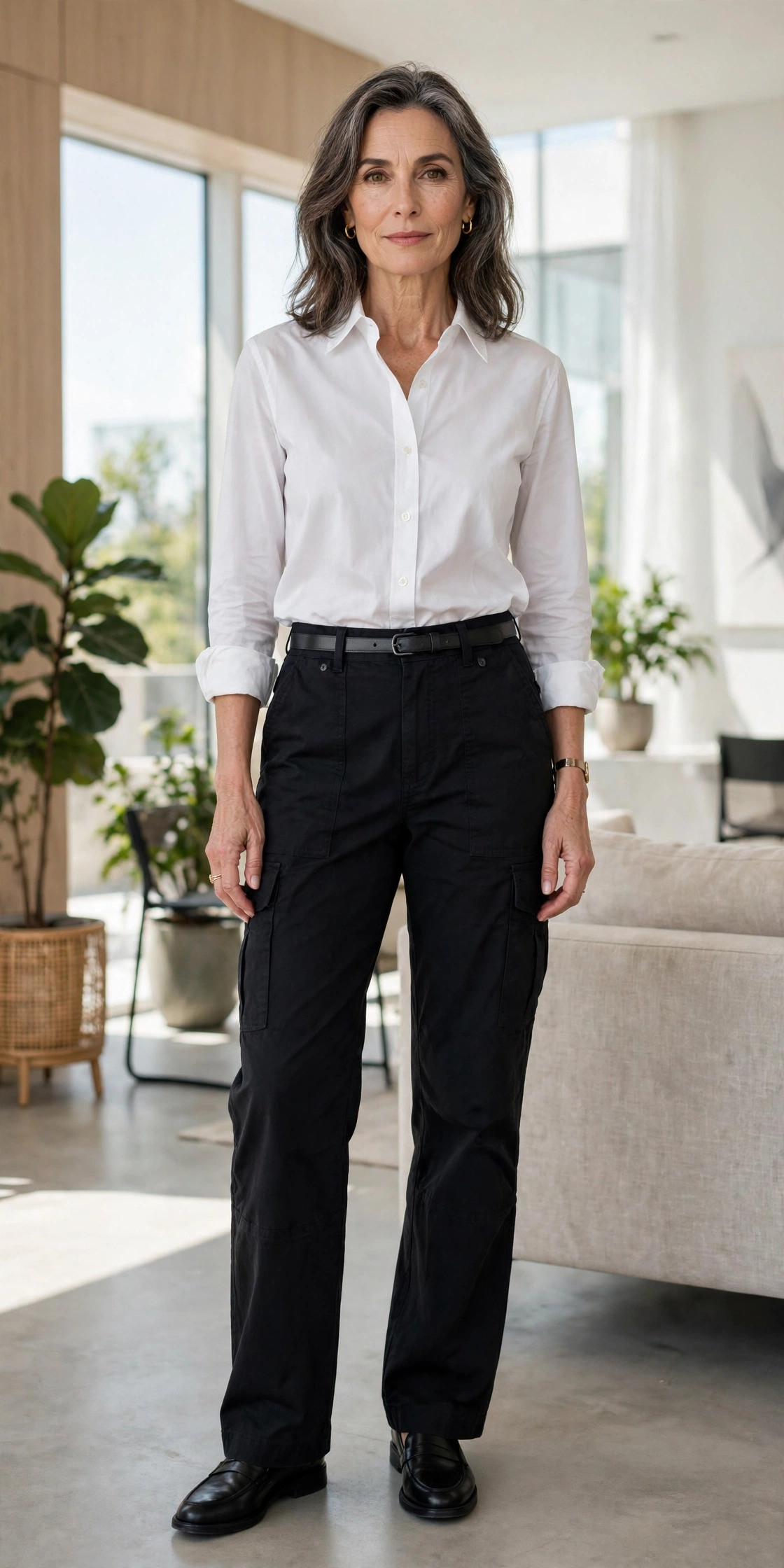 Mature woman in white button-down shirt classic outfit