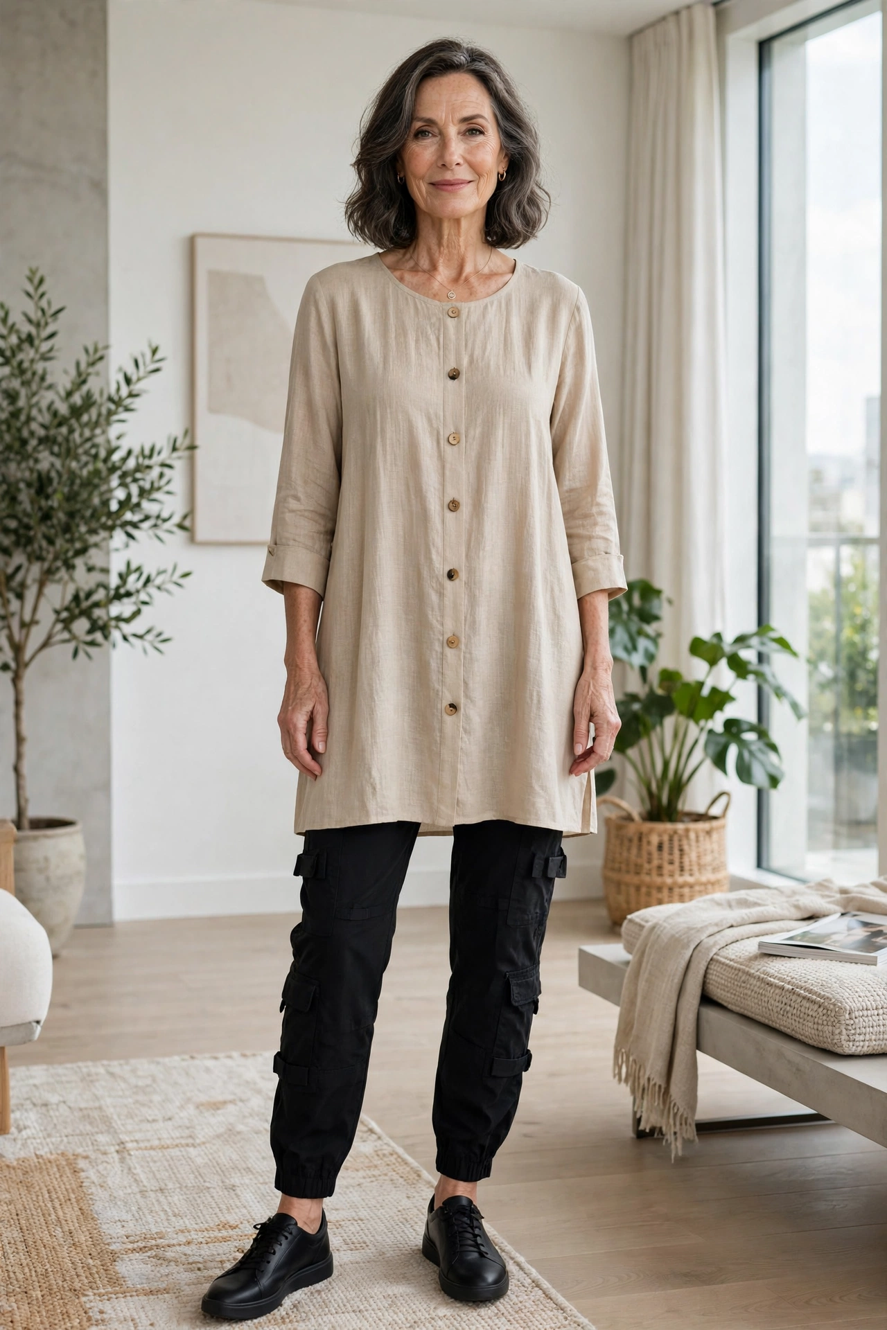 Mature woman in tunic top graceful casual outfit
