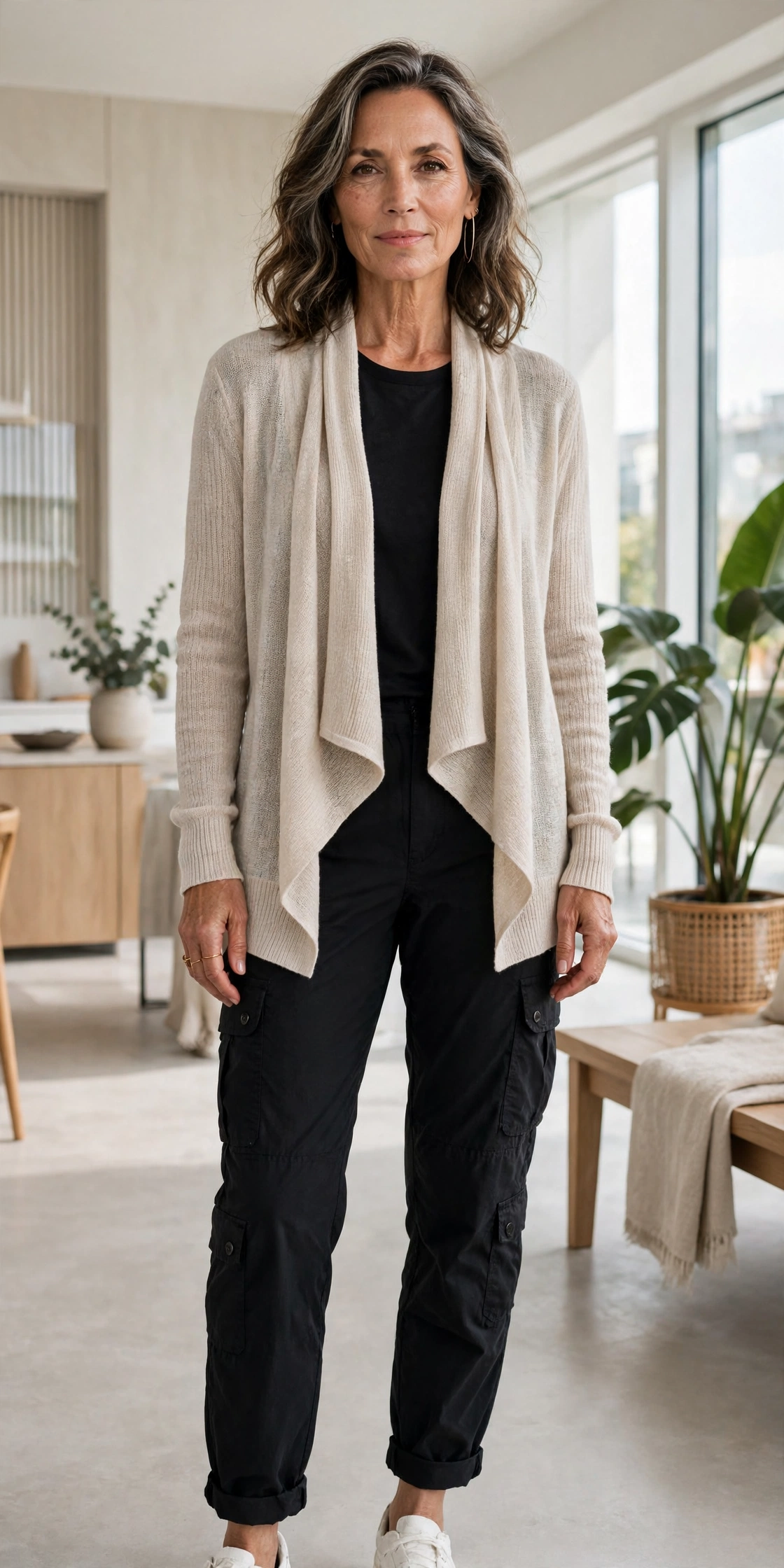 Older woman in lightweight cardigan layered casual outfit