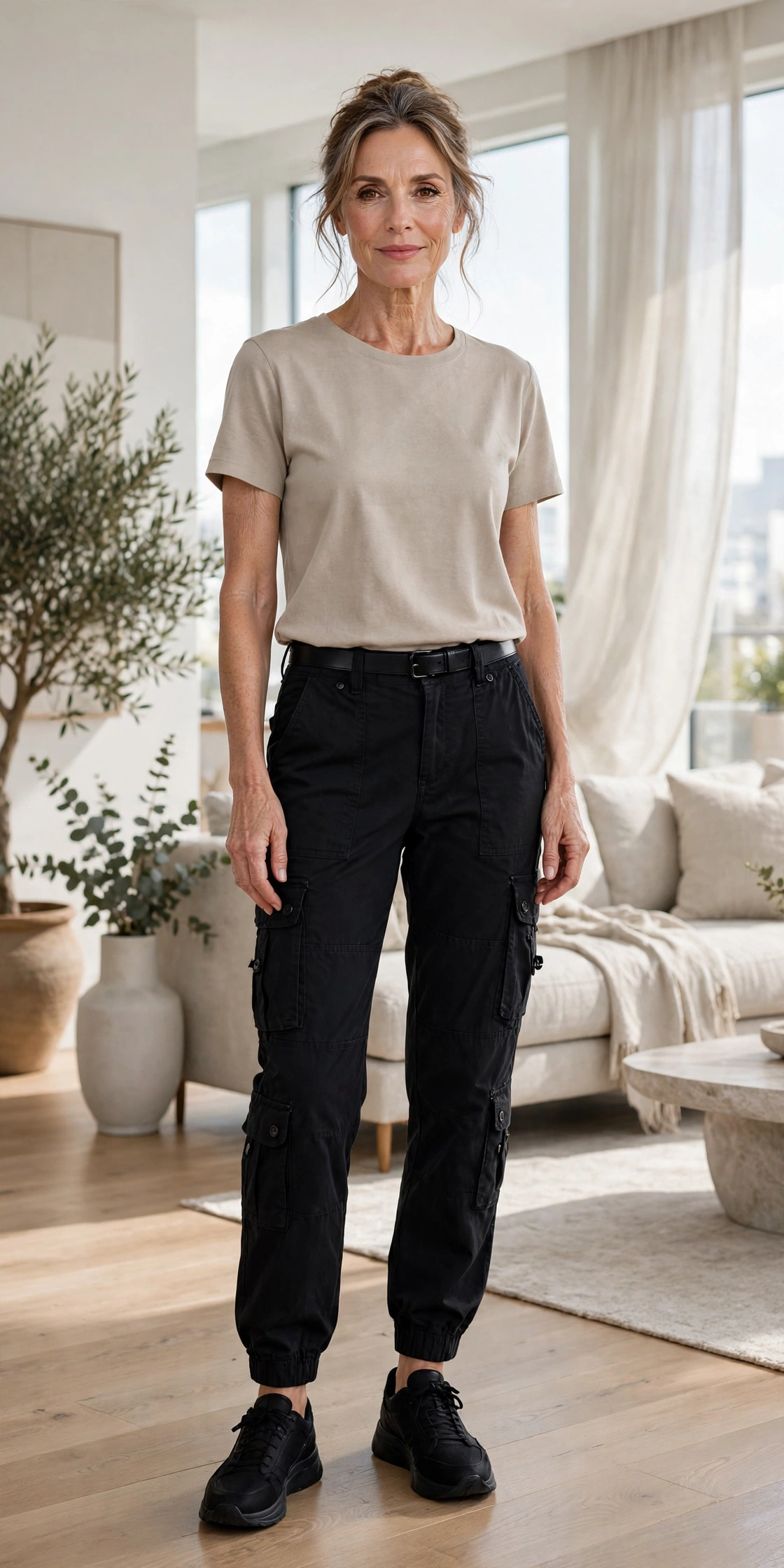 Mature woman in neutral monochrome sophisticated outfit