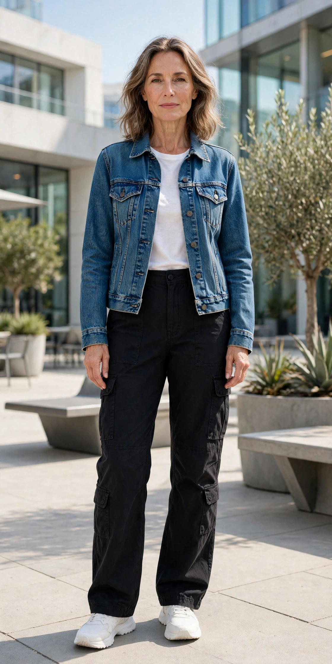 Mature woman in denim jacket refined casual outfit