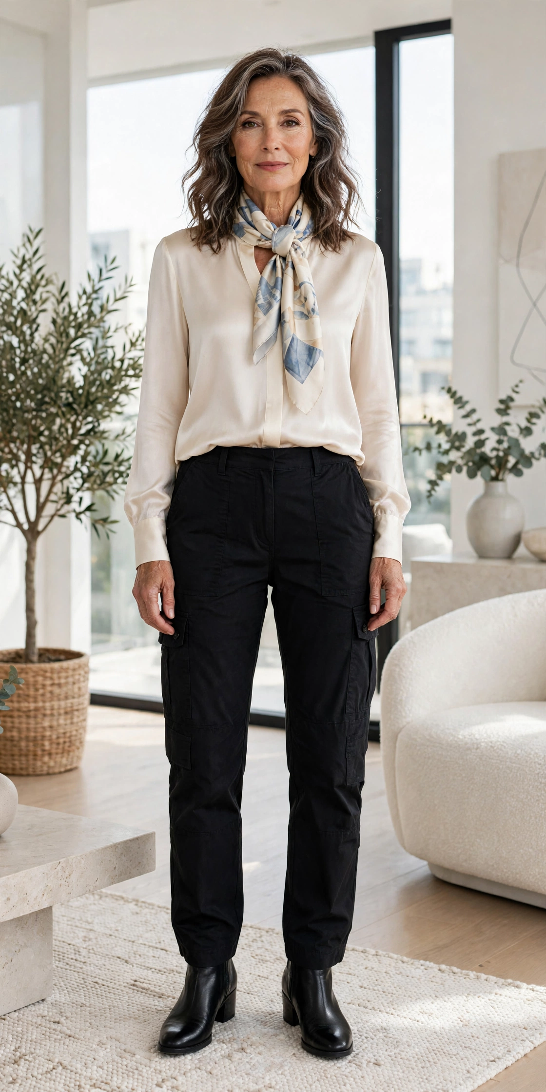 Mature woman wearing silk scarf elegant polished outfit
