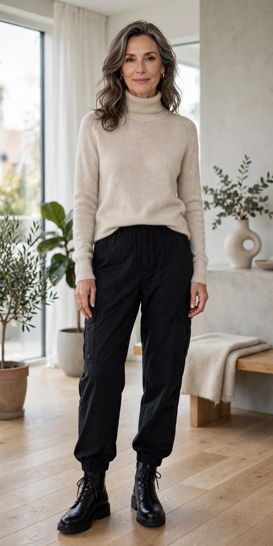 Mature woman in cashmere turtleneck luxurious outfit