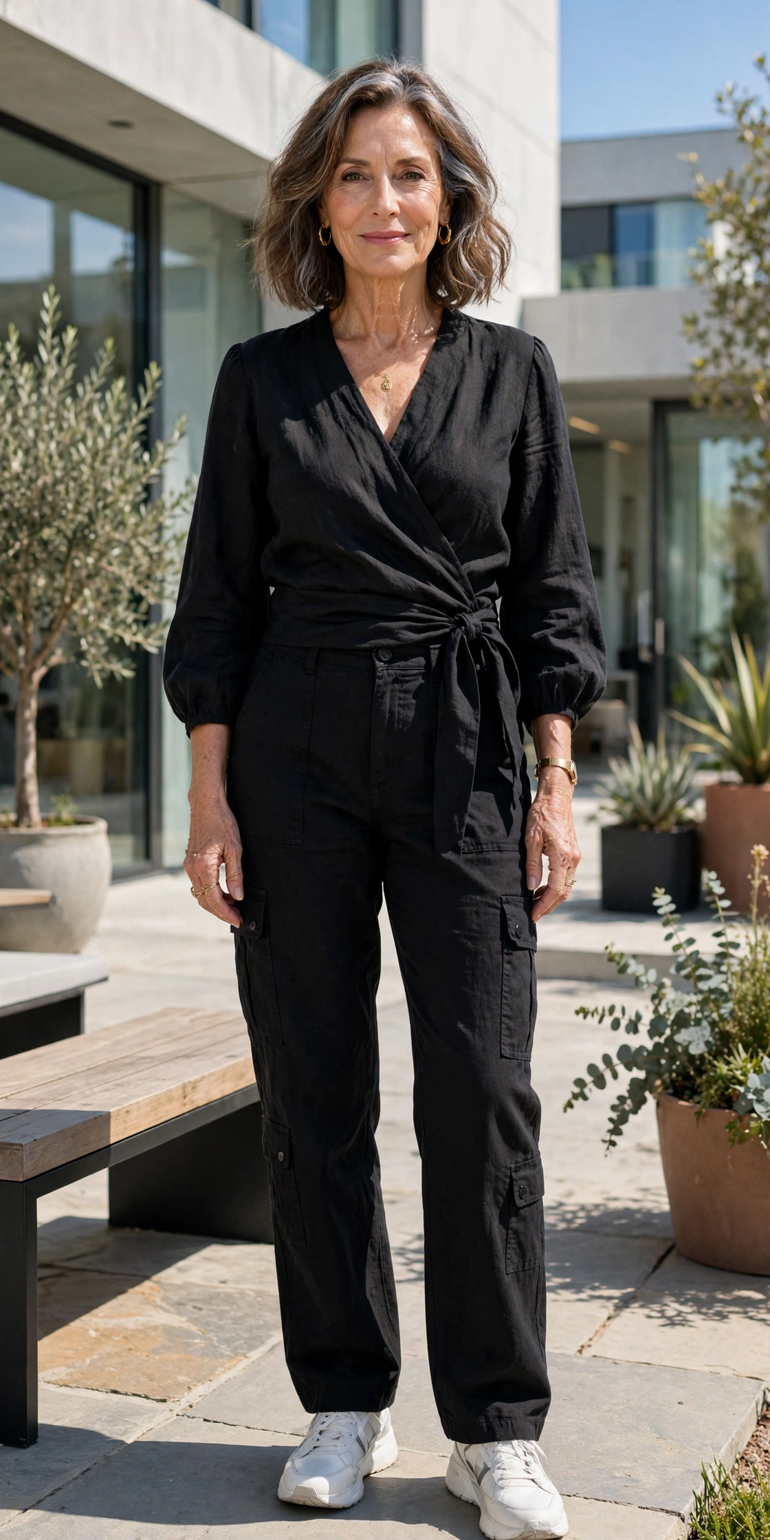 Mature woman in wrap top flattering elegant outfit