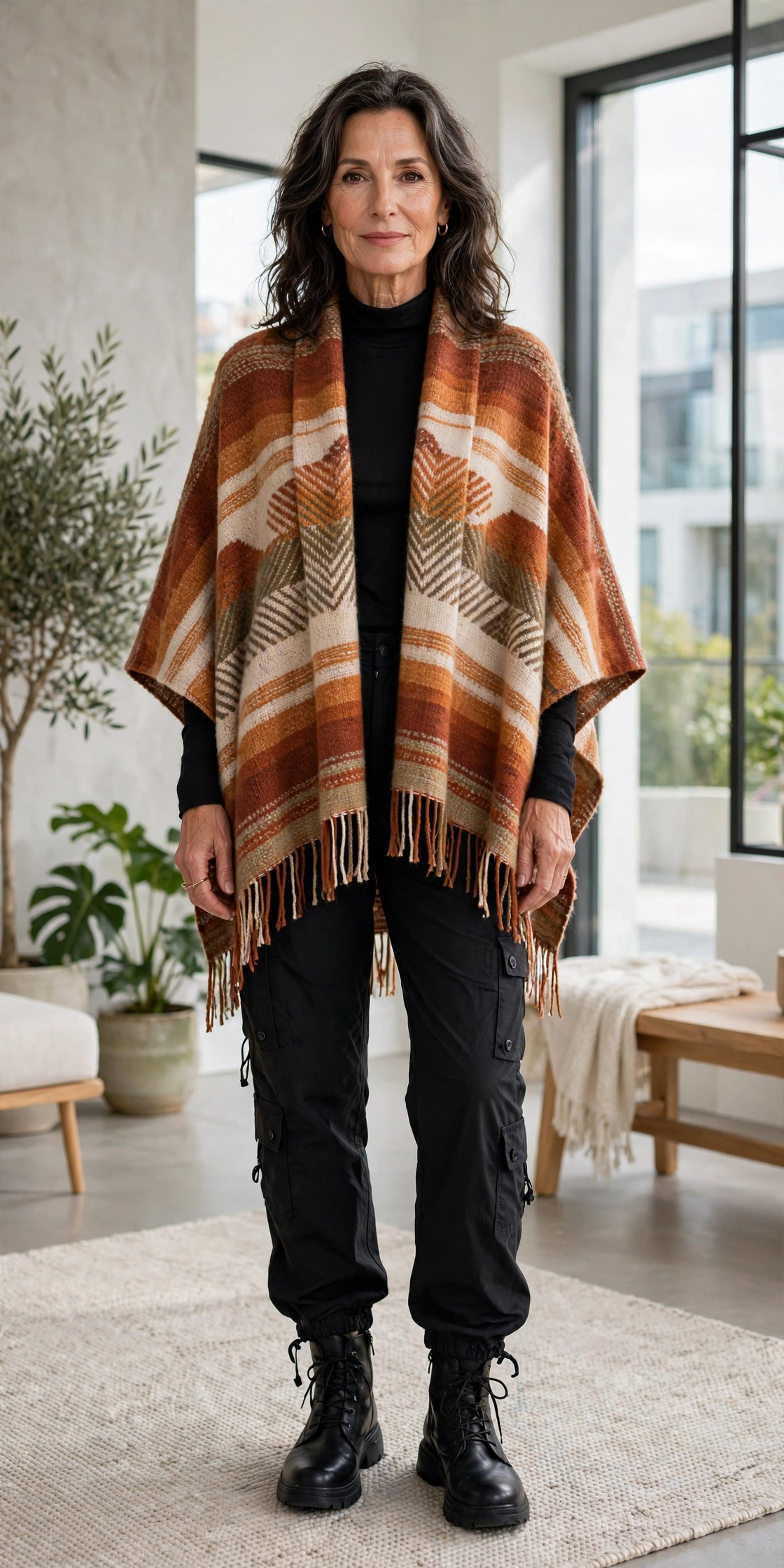 Mature woman in poncho cape fall graceful outfit