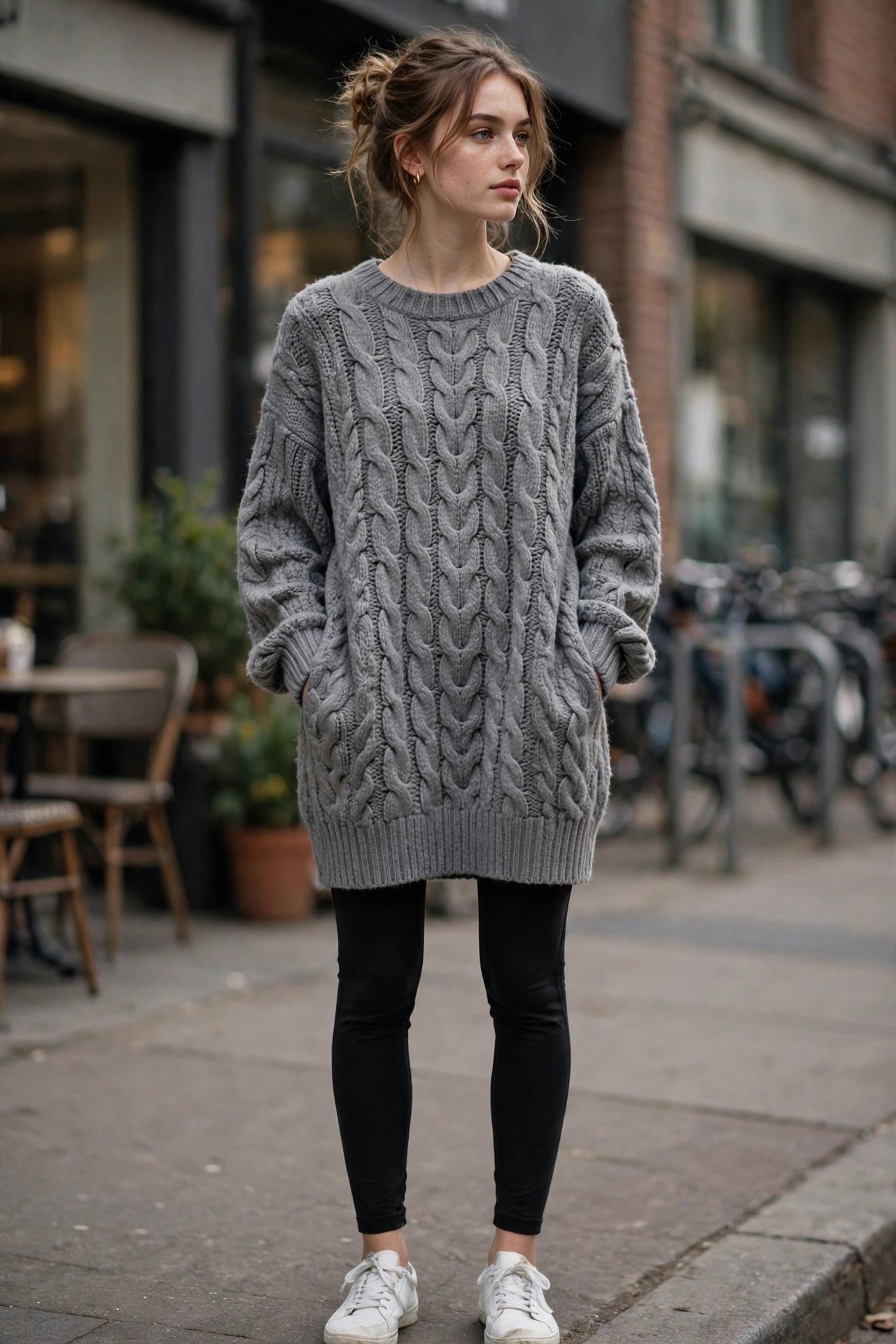 Woman in a ready-to-wear casual sweater dress outfit