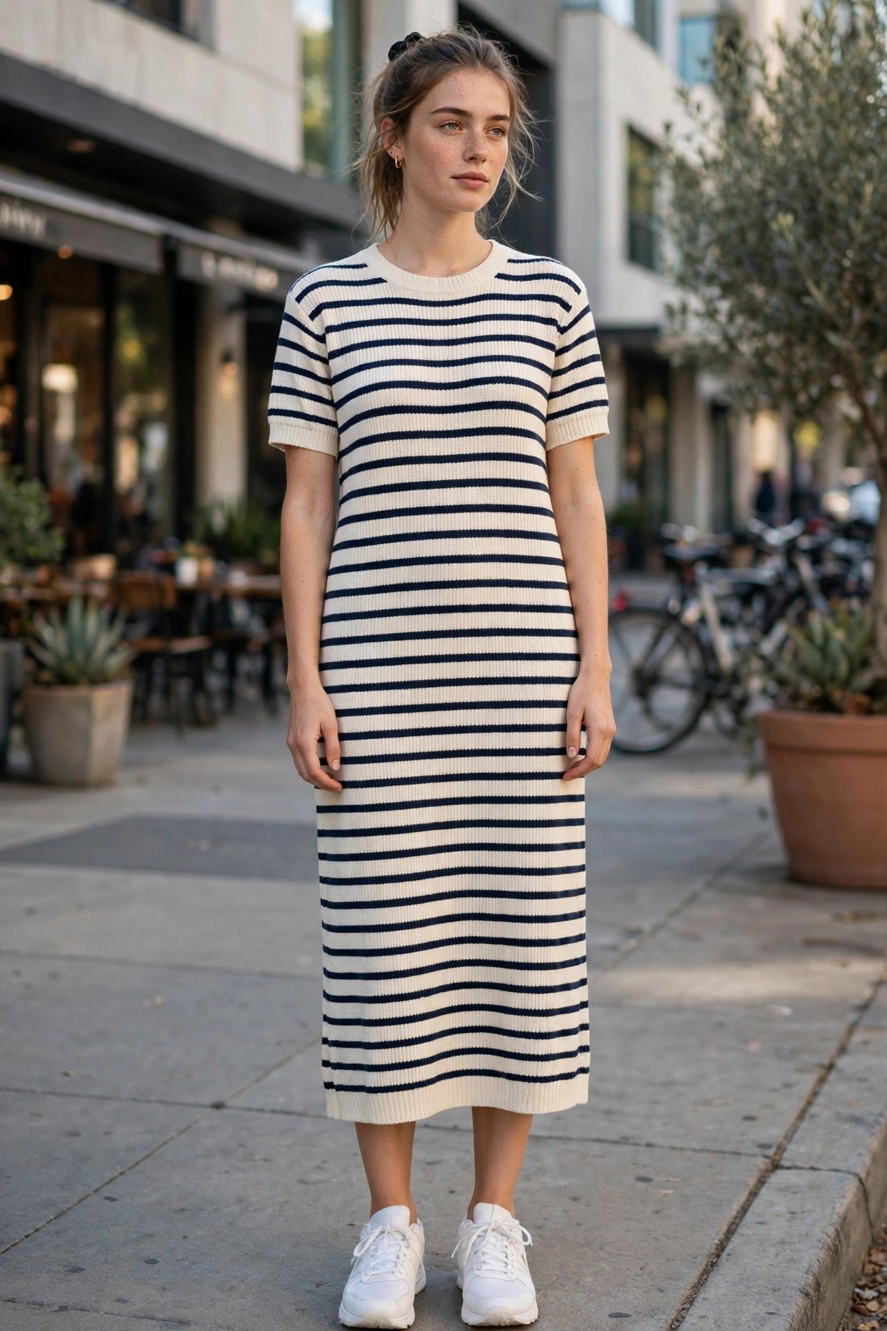 Woman in a grey knit dress casual outfit