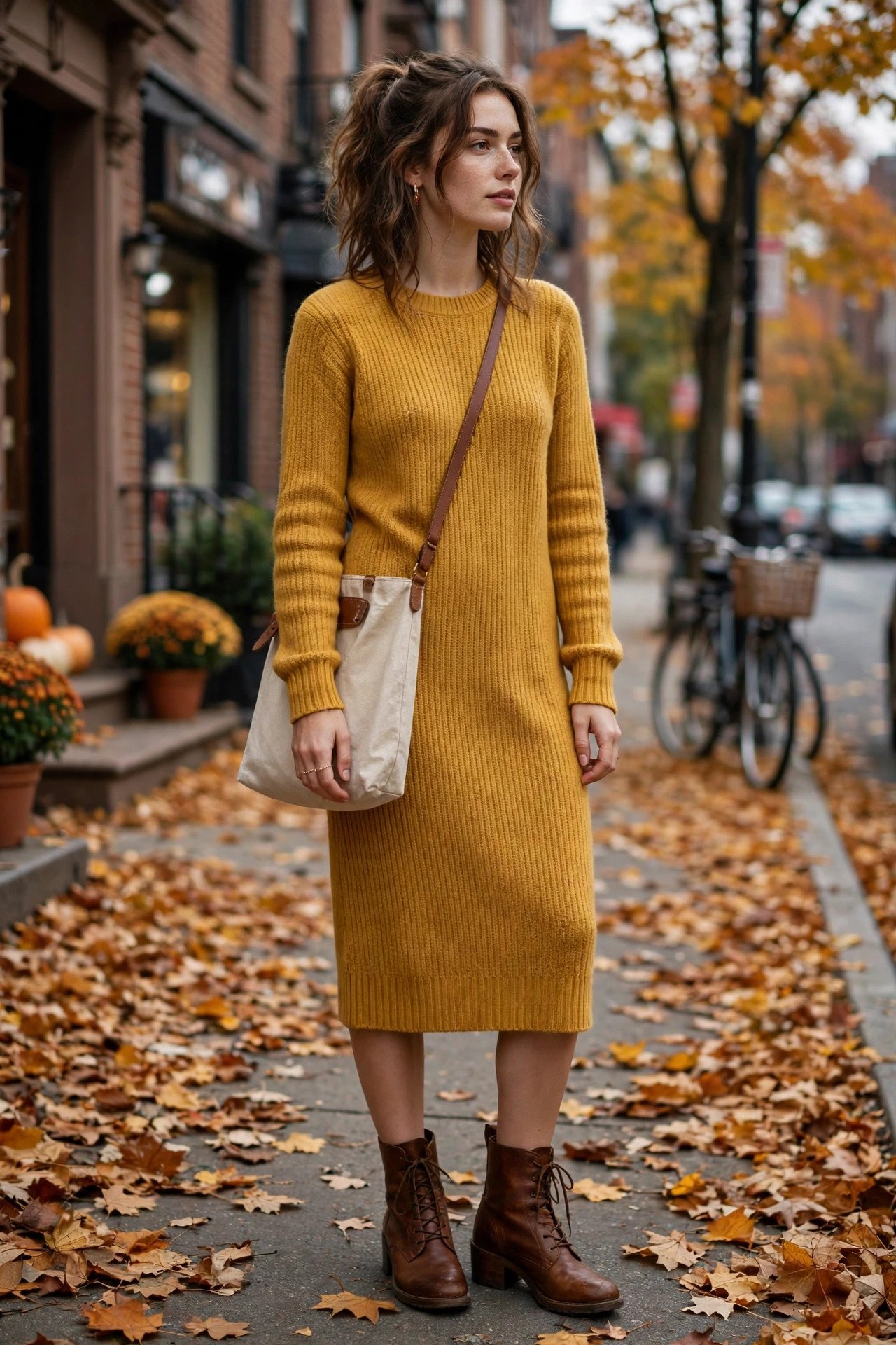 Woman in a casual grey sweater dress look