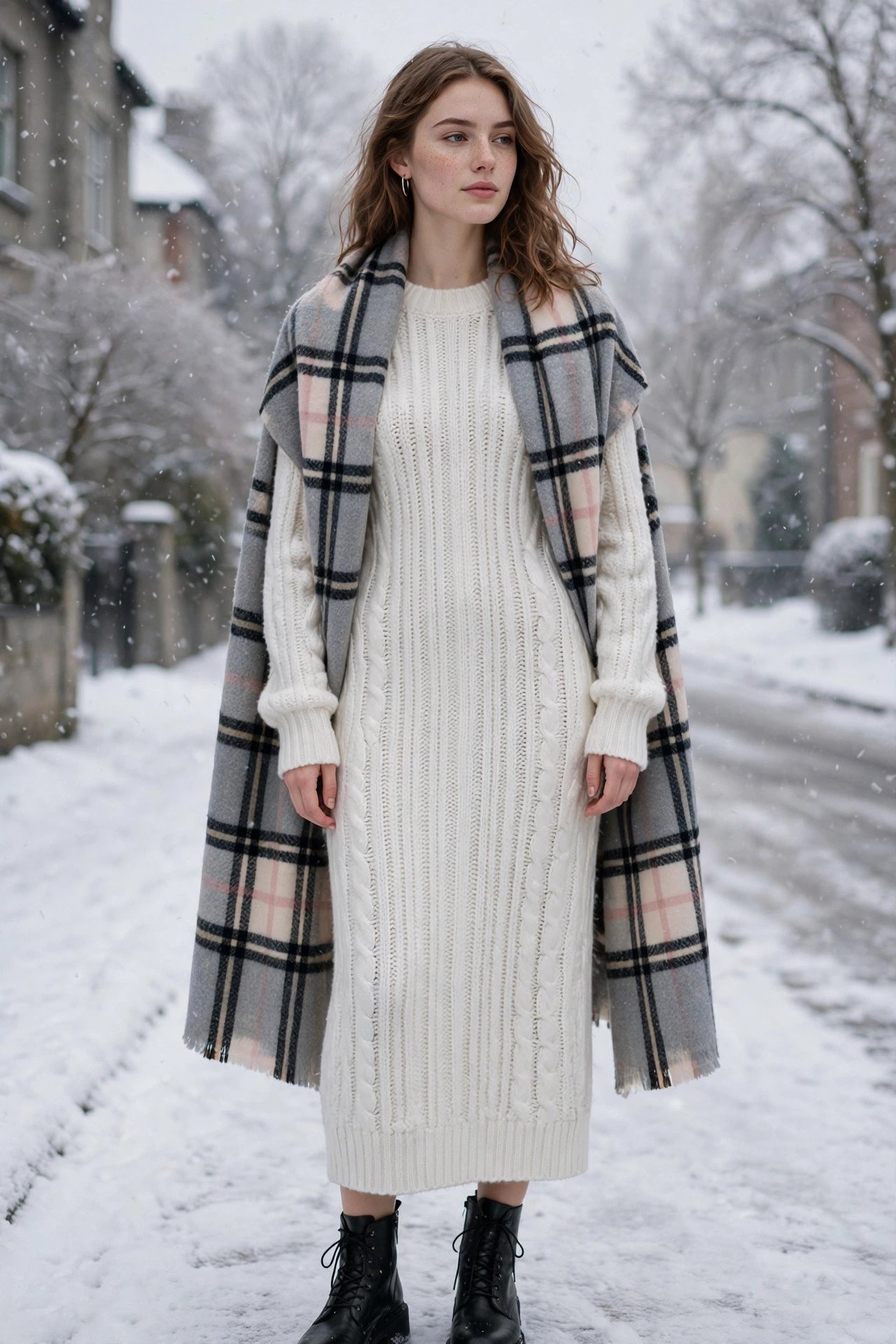 Woman in a black mini sweater dress