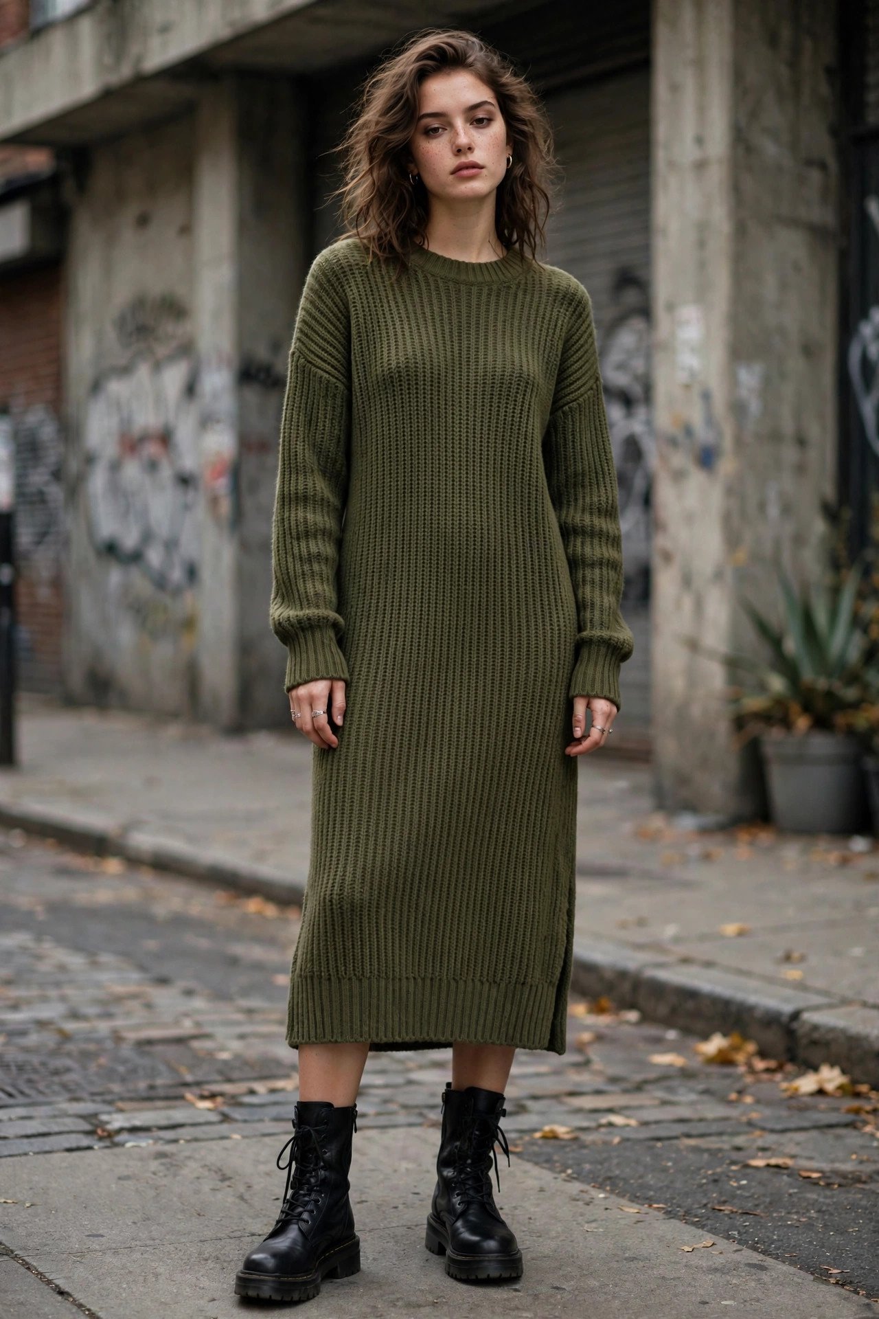 Woman in a white knit dress for winter