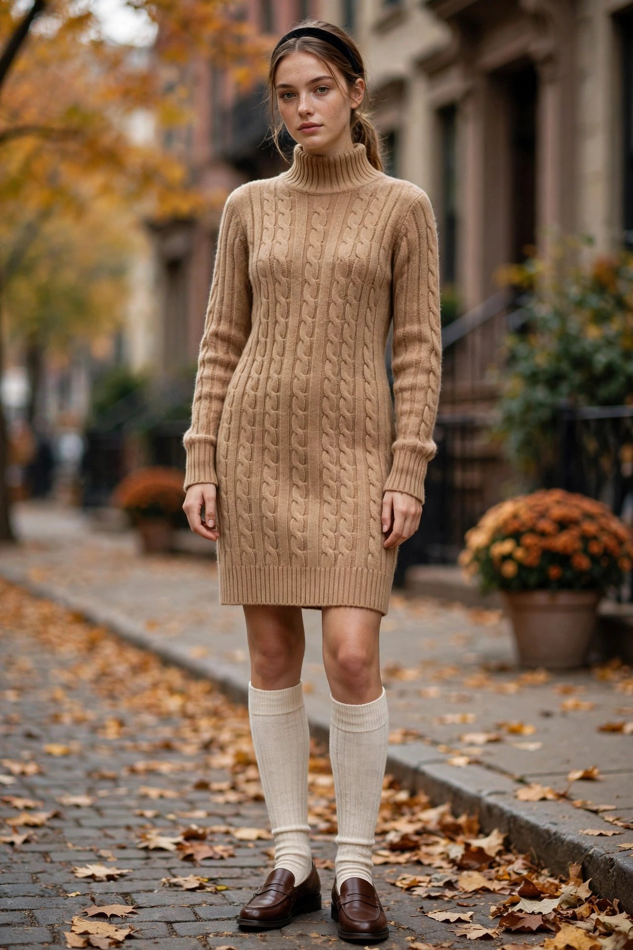 Woman in a knit dress with a winter hat