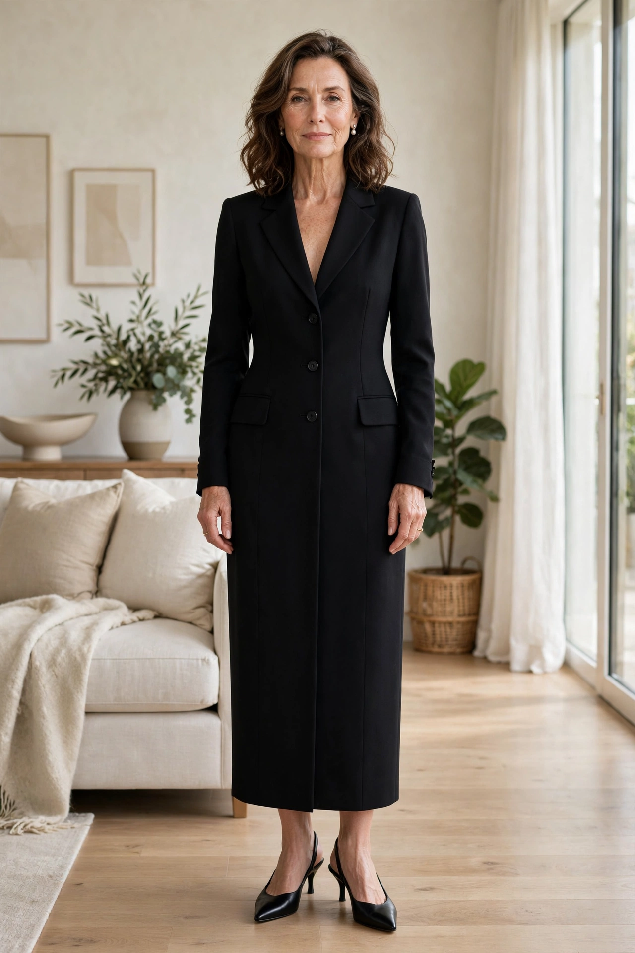 Elegant woman over 50 wearing a classic black blazer dress
