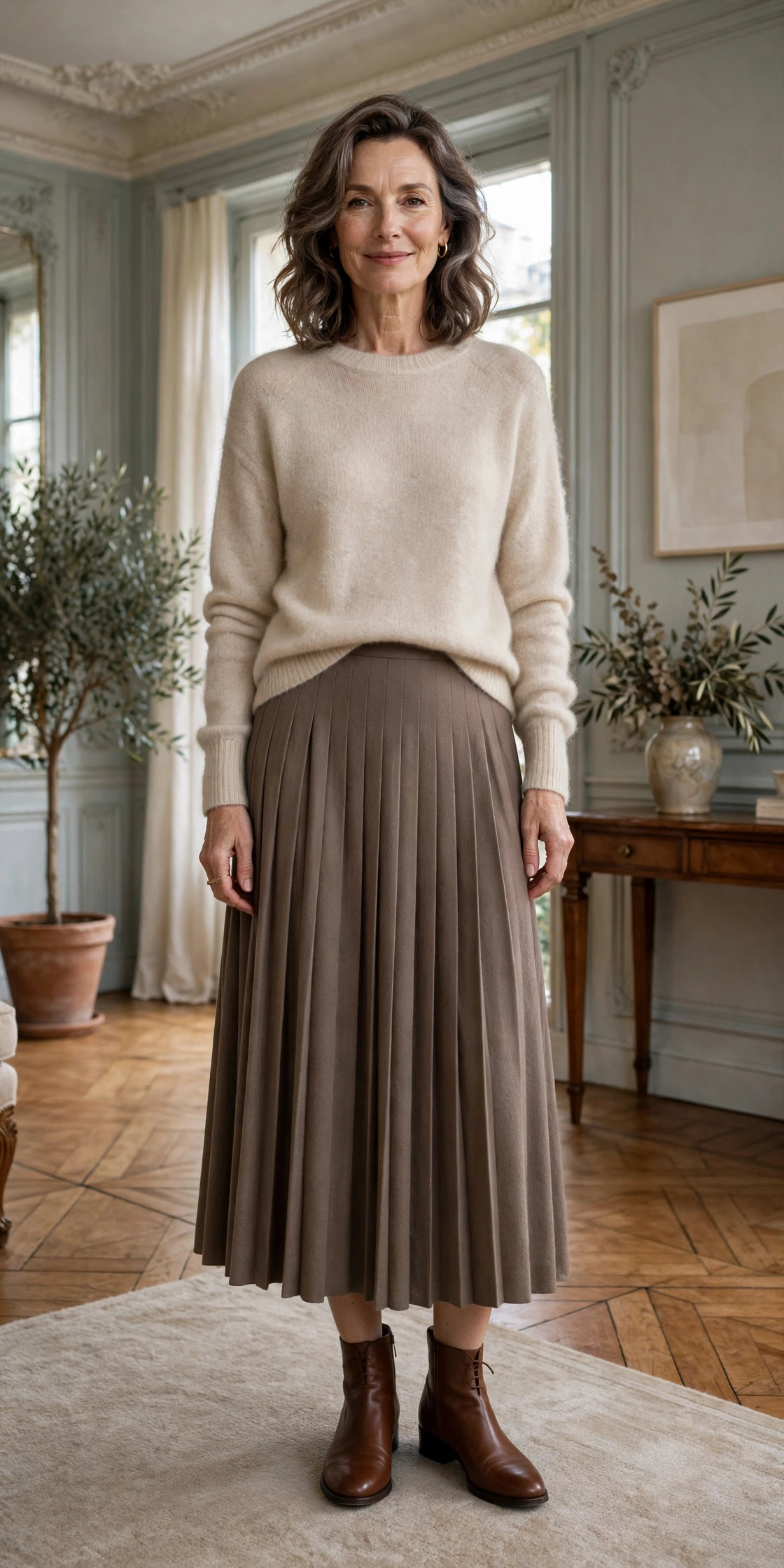 woman in cream cashmere sweater and pleated midi skirt at a wine bar