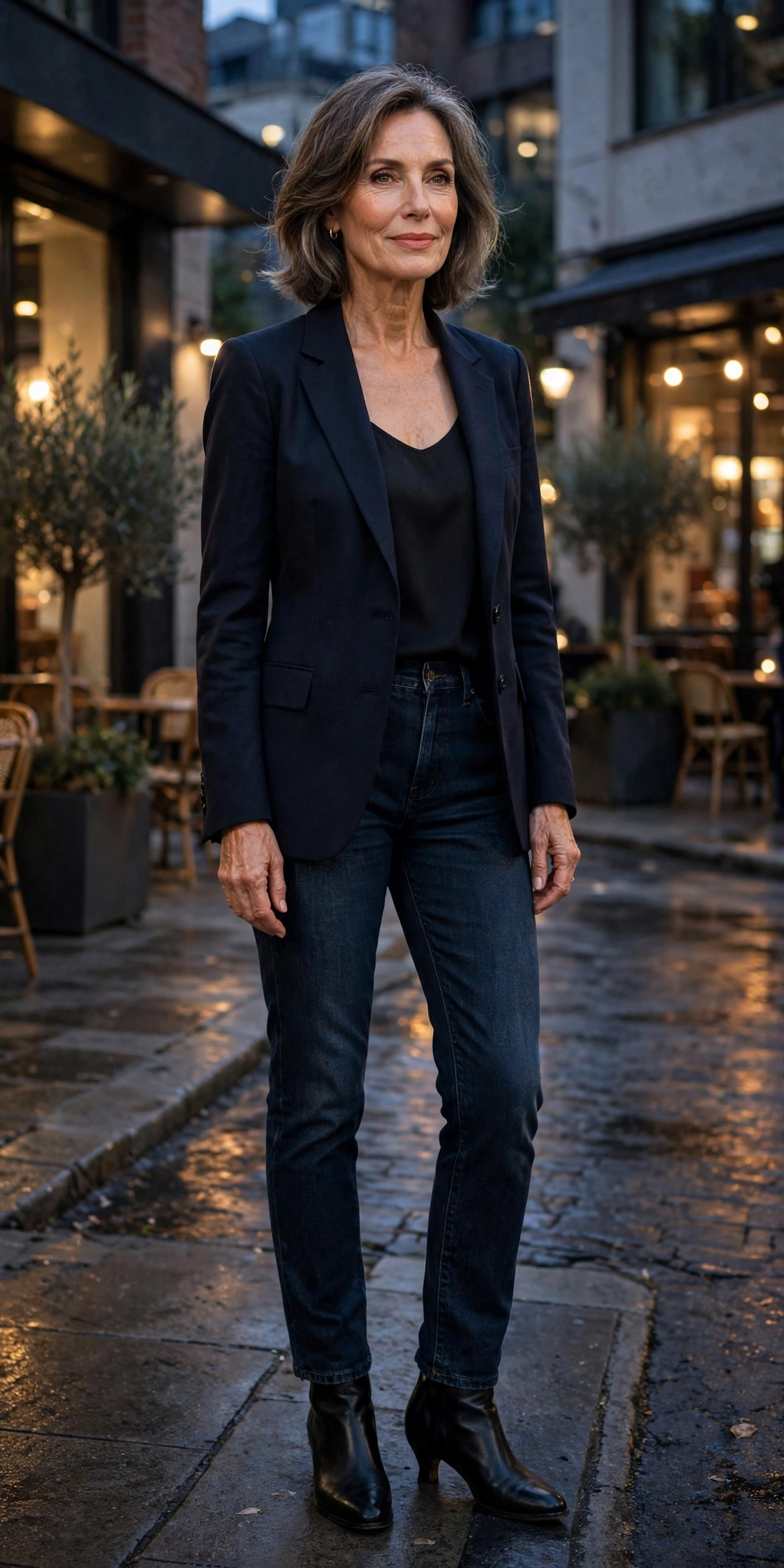 woman in tailored navy blazer over dark jeans at the theater