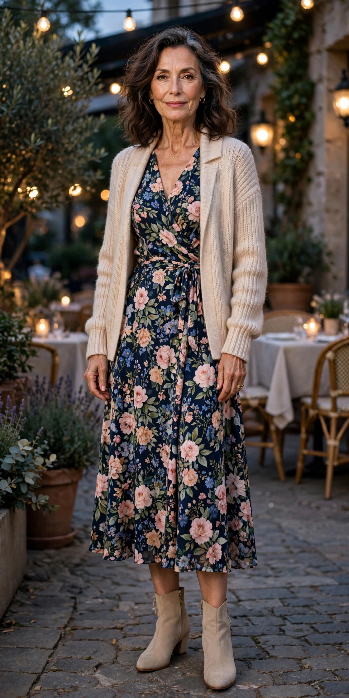 woman in muted floral midi dress with cream cardigan at a garden bistro