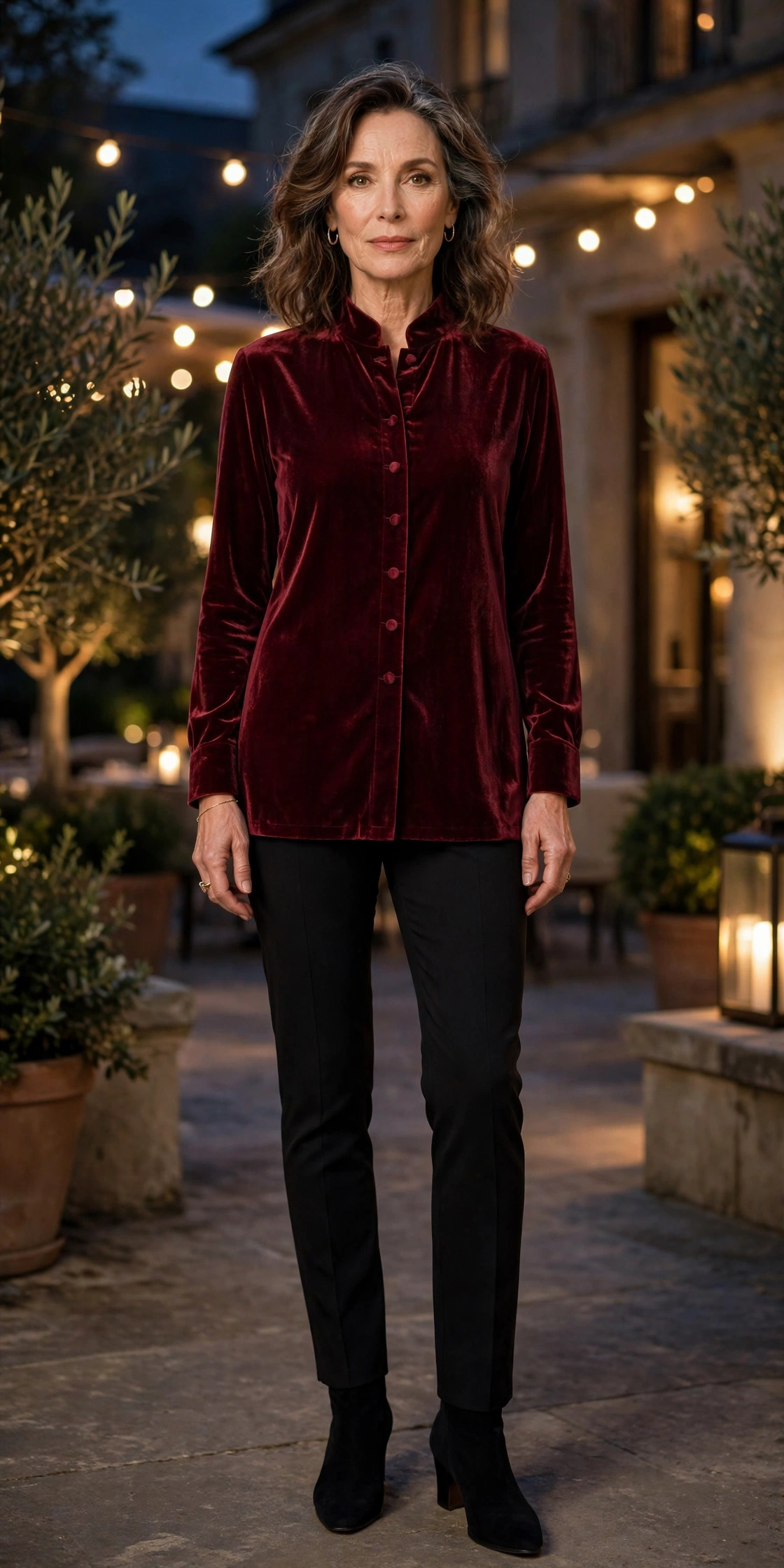 woman in burgundy velvet tunic and black slim ponte pants at a wine bar