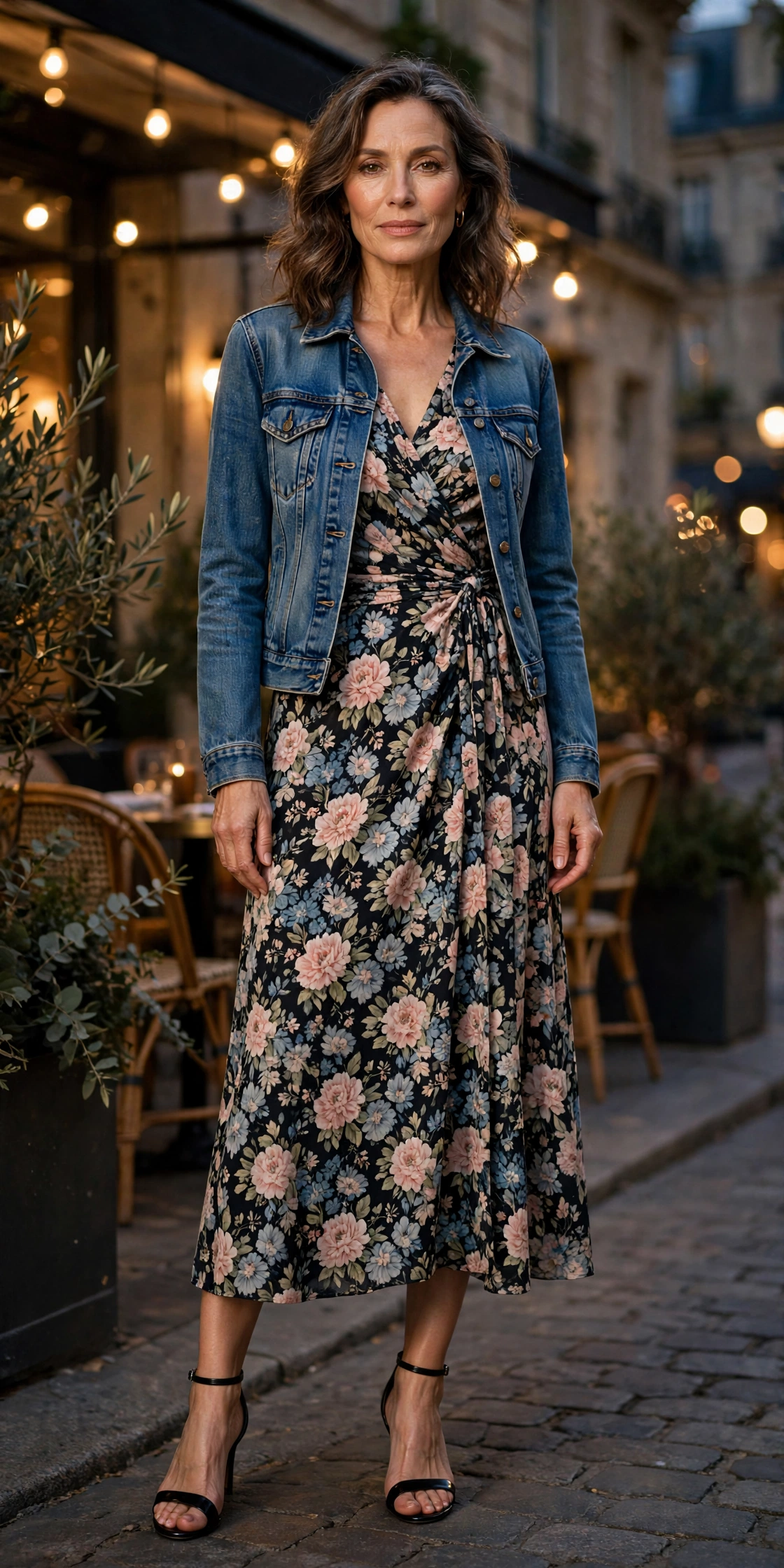 woman in floral wrap midi dress with denim jacket at an outdoor café