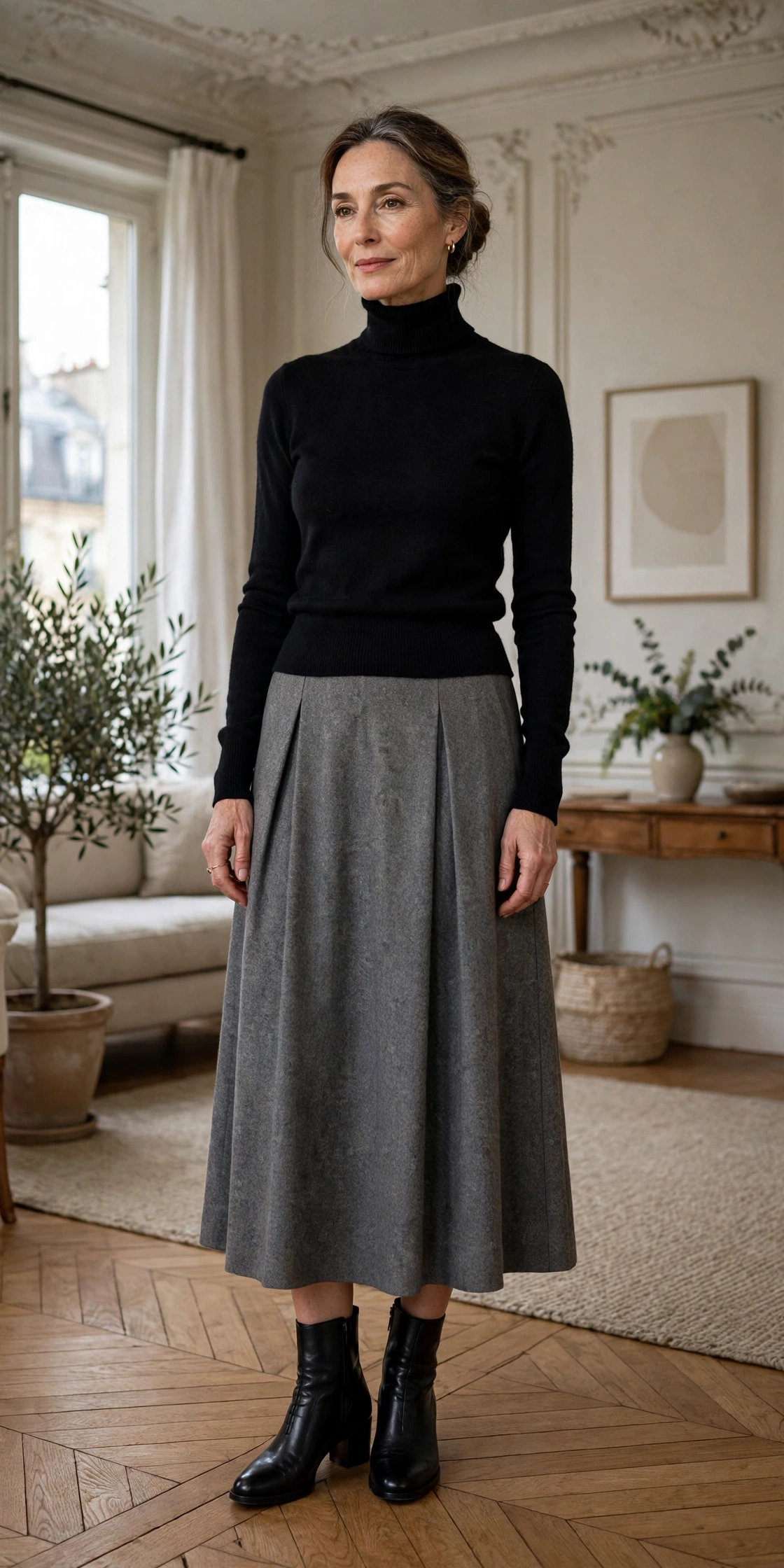 woman in black merino turtleneck and gray wool midi skirt at a cozy restaurant