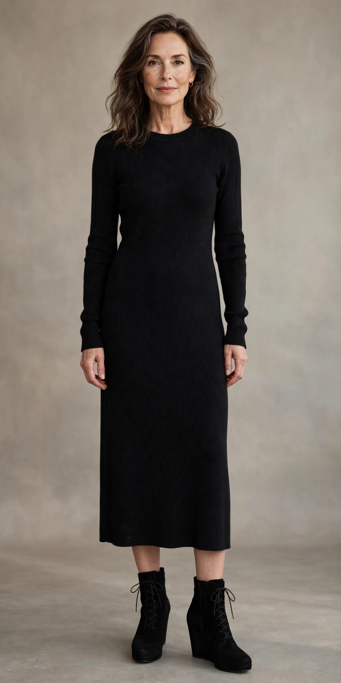 Woman over 40 wearing black wedge boots with a knit midi dress