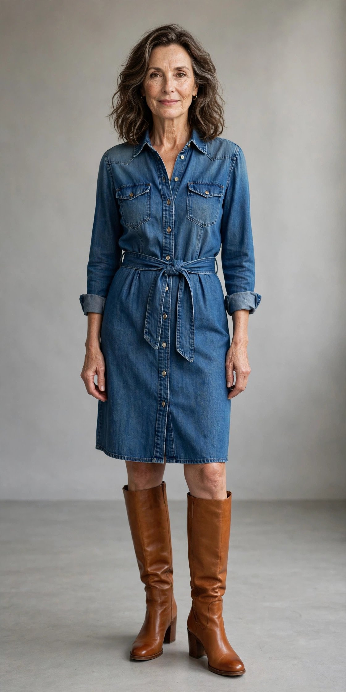 Woman over 40 wearing cognac leather boots with a denim shirt dress