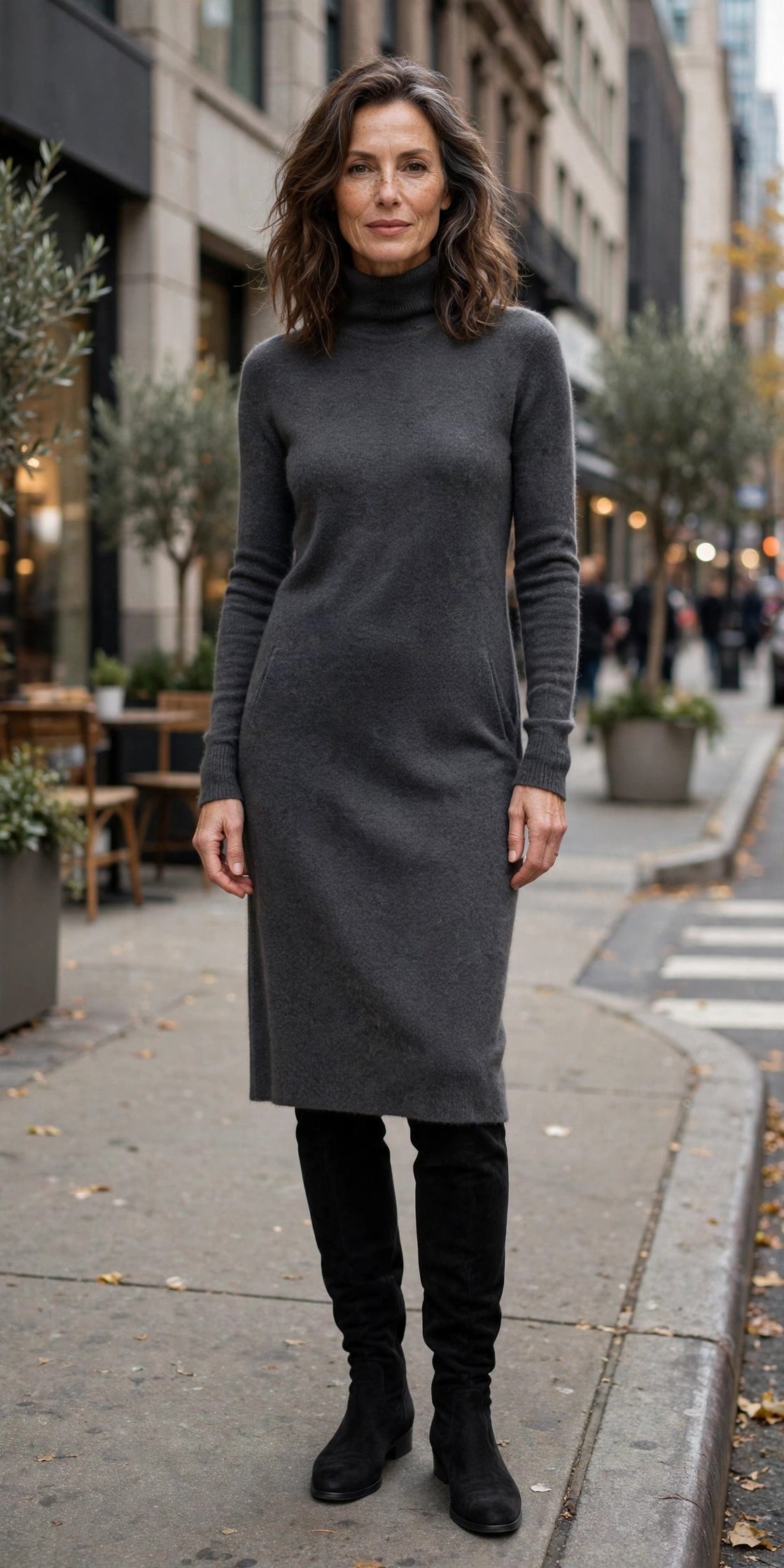 Woman over 40 wearing black suede over-the-knee boots with a cashmere sweater dress
