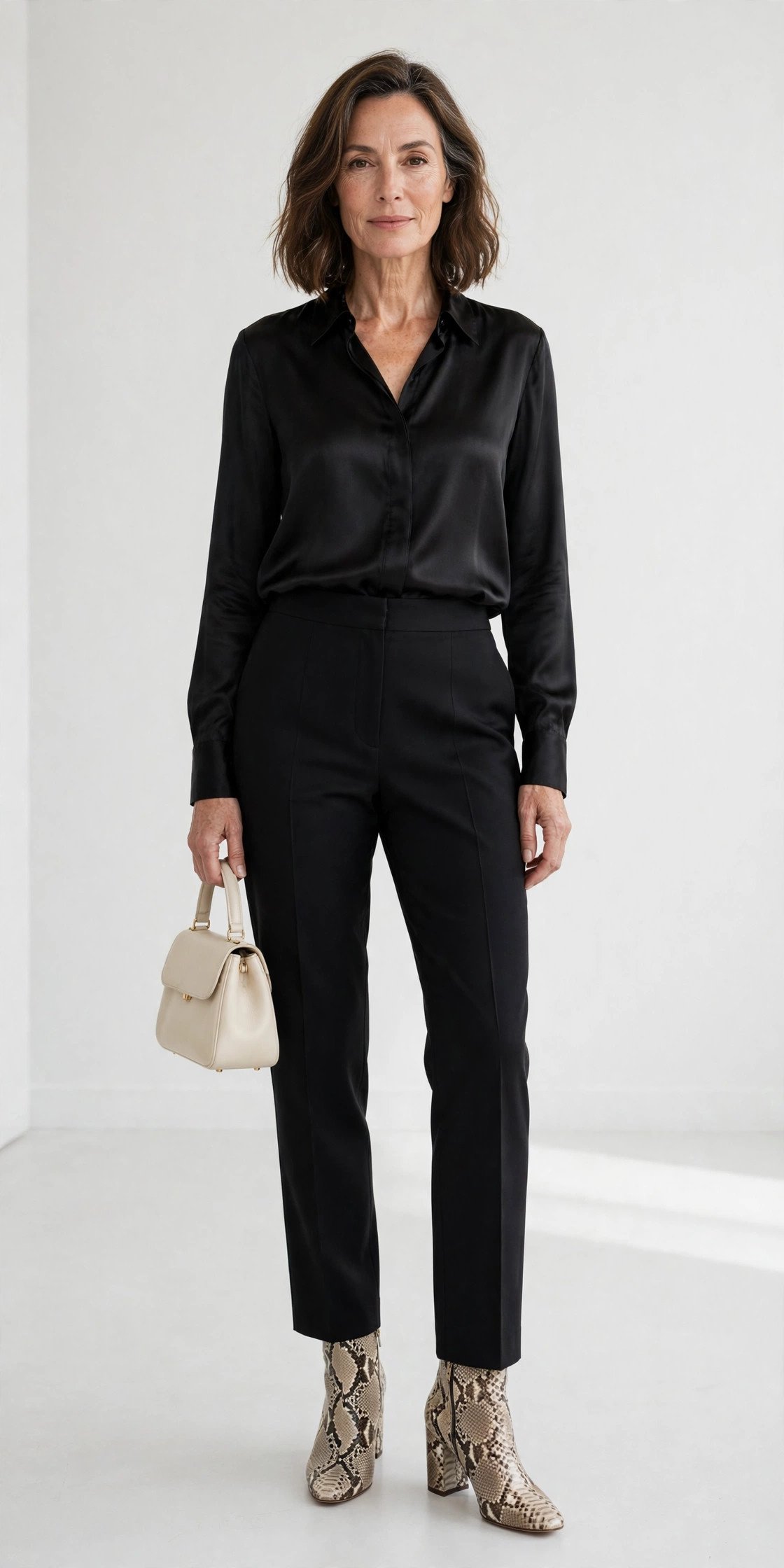 Woman over 40 wearing snakeskin block heel boots with tailored black trousers