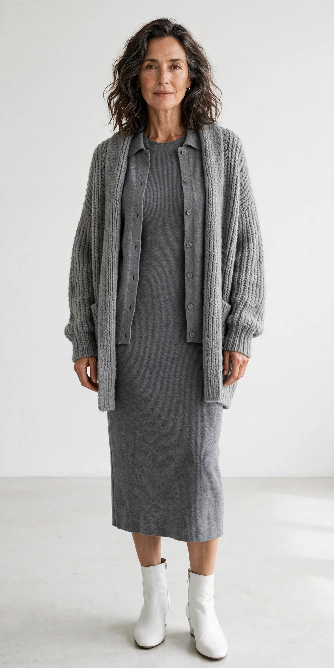 Woman over 40 wearing white leather booties with monochrome grey layers