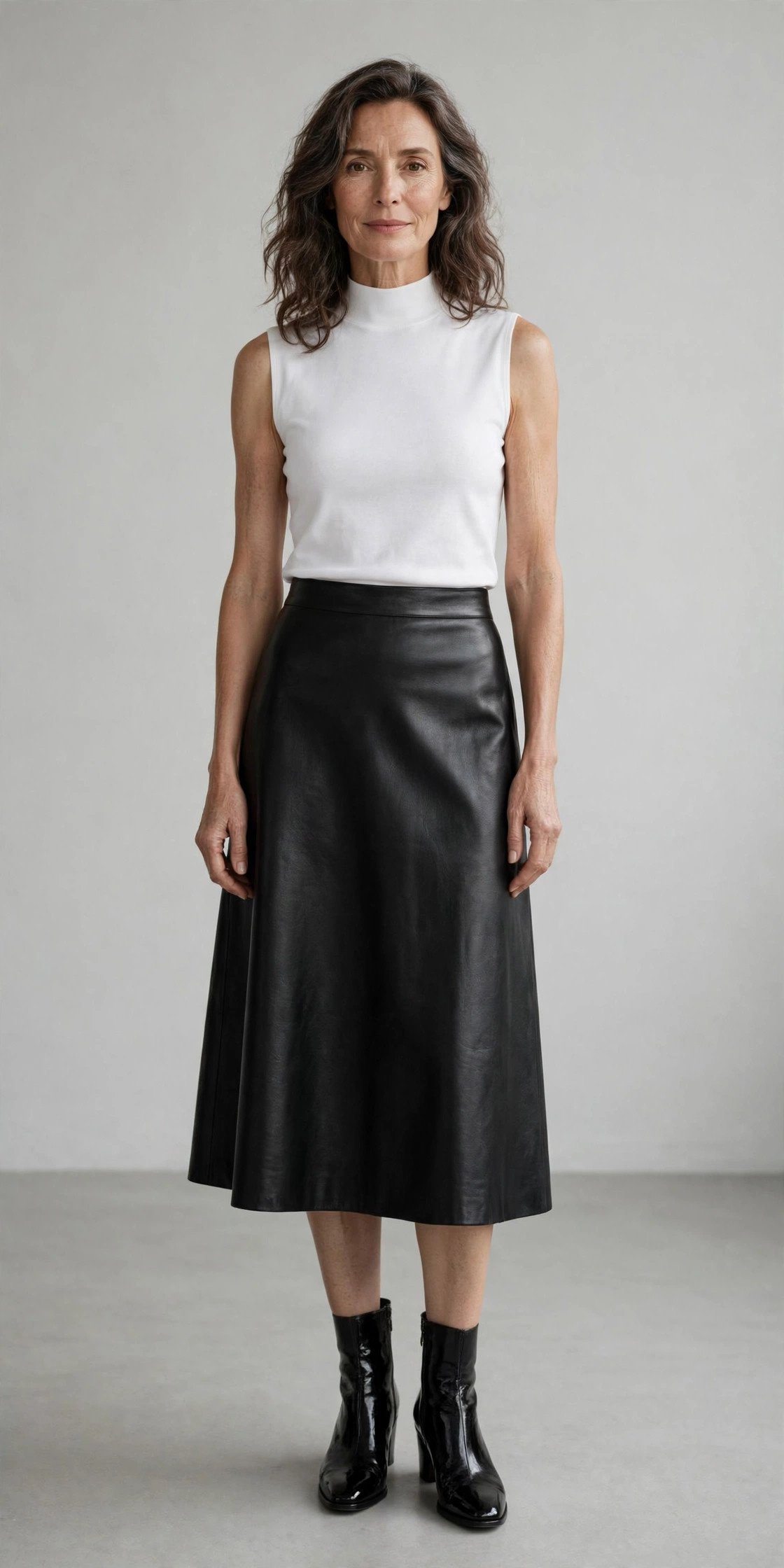 Woman over 40 wearing black patent ankle boots with a leather midi skirt