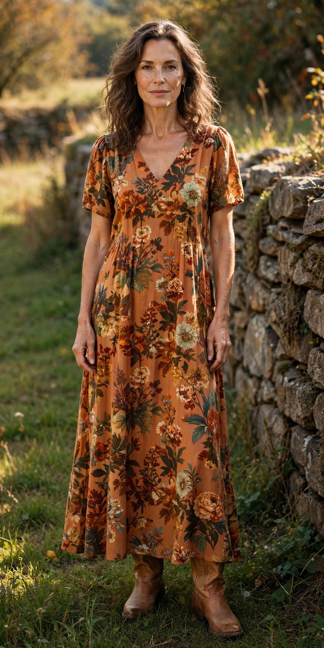 Woman over 40 wearing tan cowboy boots with a floral maxi dress