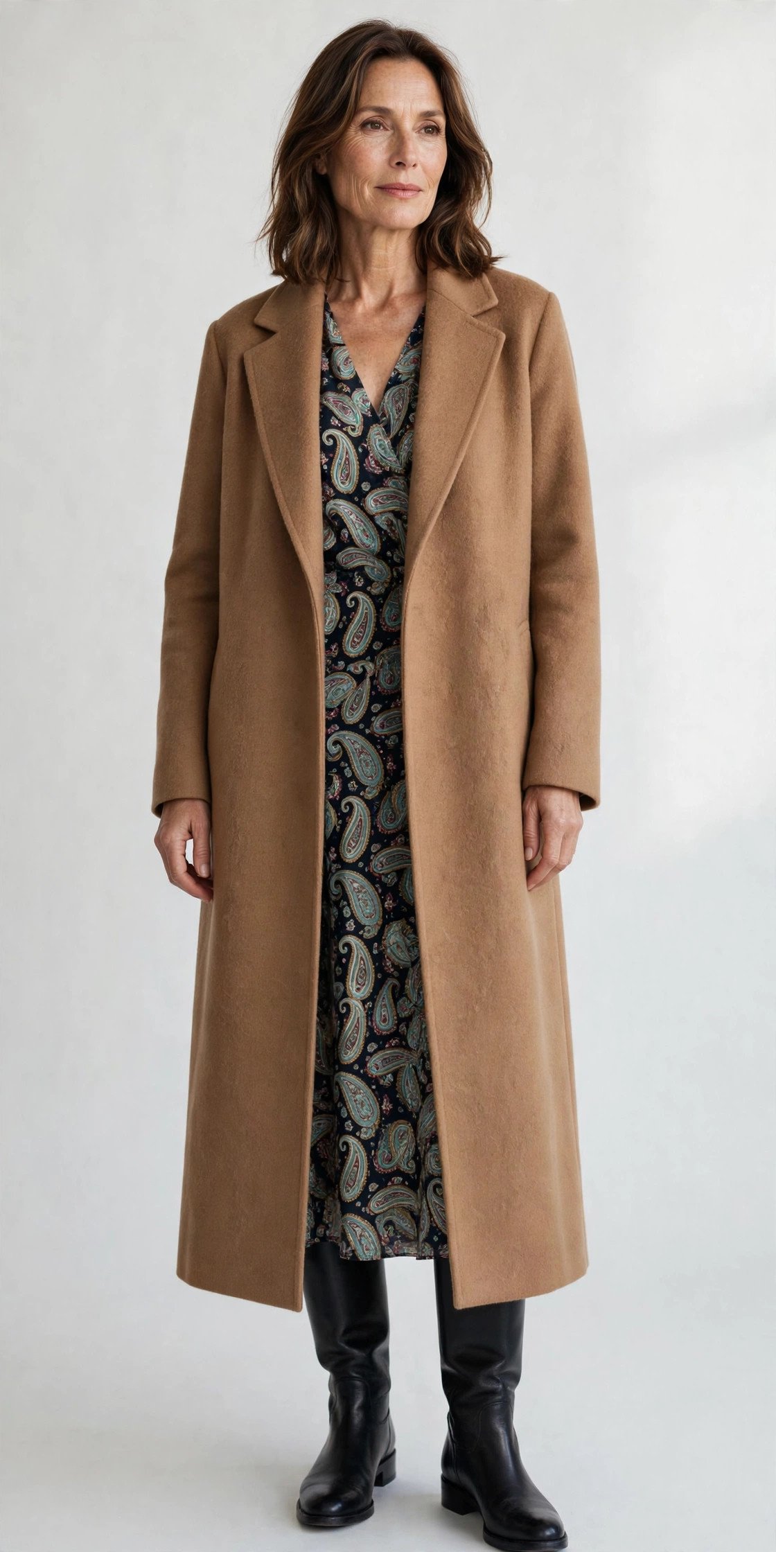 Woman over 40 wearing black knee-high boots with a camel coat dress