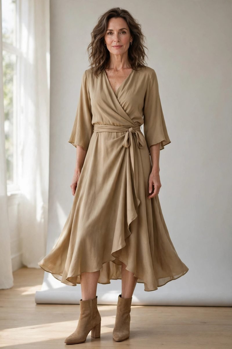 Woman over 40 wearing suede block-heel booties with a midi wrap dress