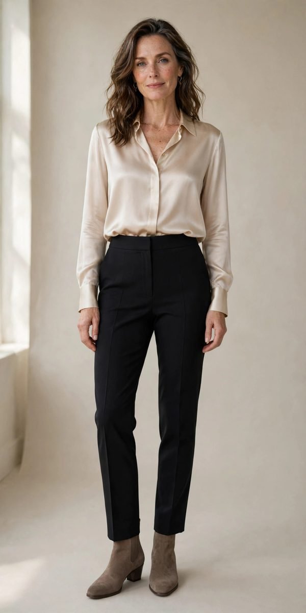 Woman over 40 wearing taupe ankle boots with ponte trousers and a silk blouse