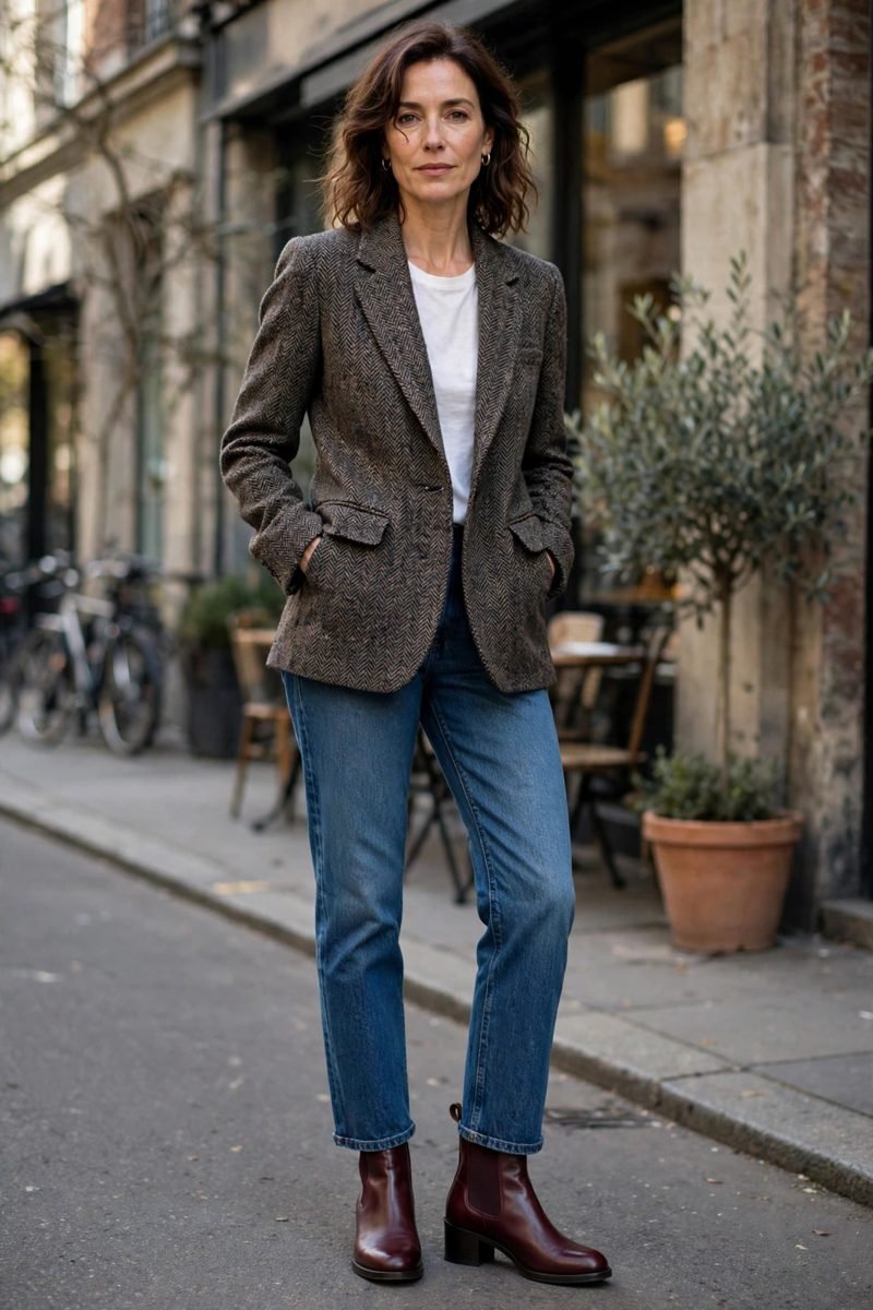 Woman over 40 wearing burgundy chelsea boots with a tweed blazer and jeans