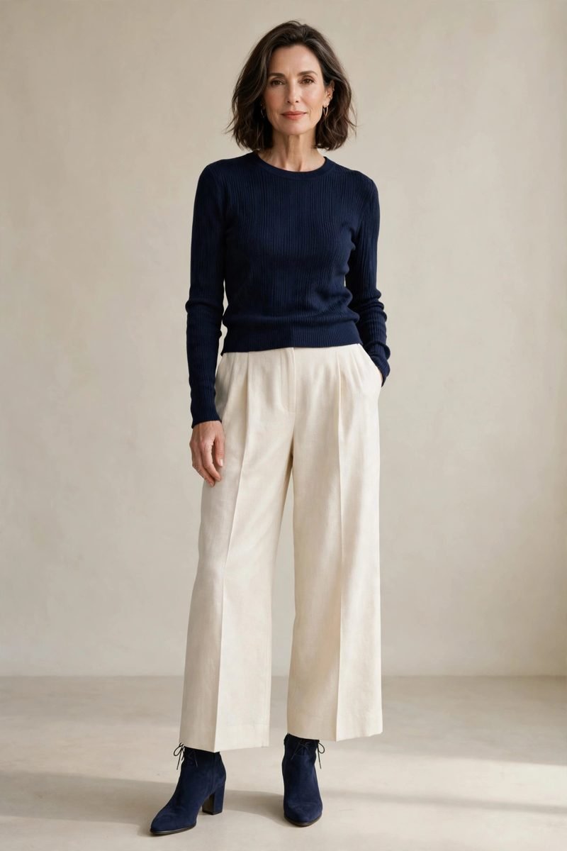 Woman over 40 wearing navy ankle booties with wide-leg cream trousers