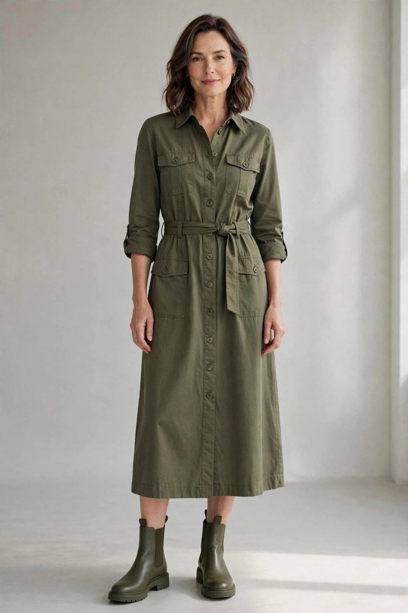 Woman over 40 wearing olive chelsea boots with a utility midi dress