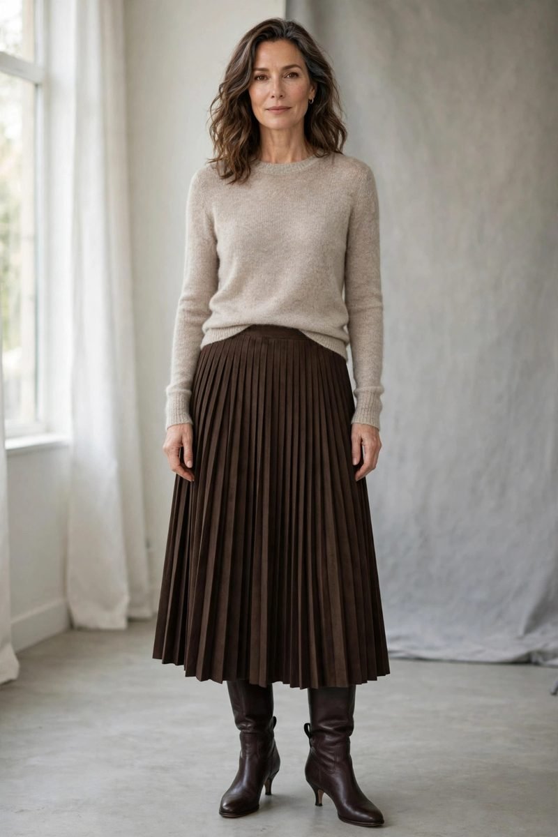 Woman over 40 wearing dark brown kitten-heel boots with a pleated midi skirt