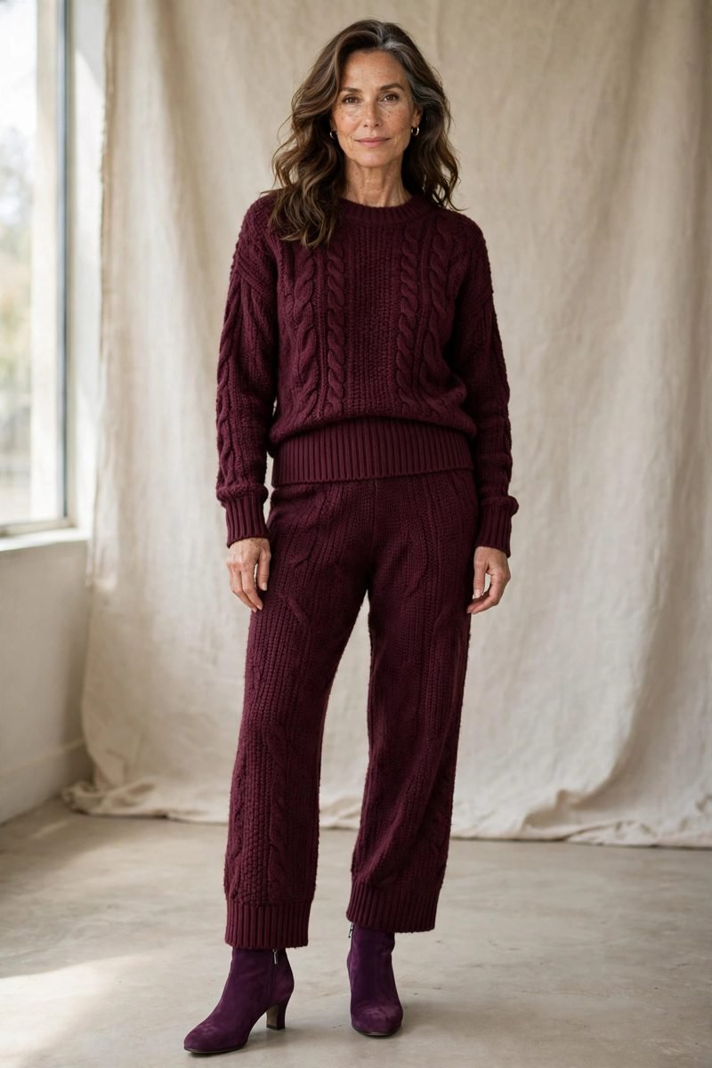 Woman over 40 wearing plum suede booties with a merlot knit set