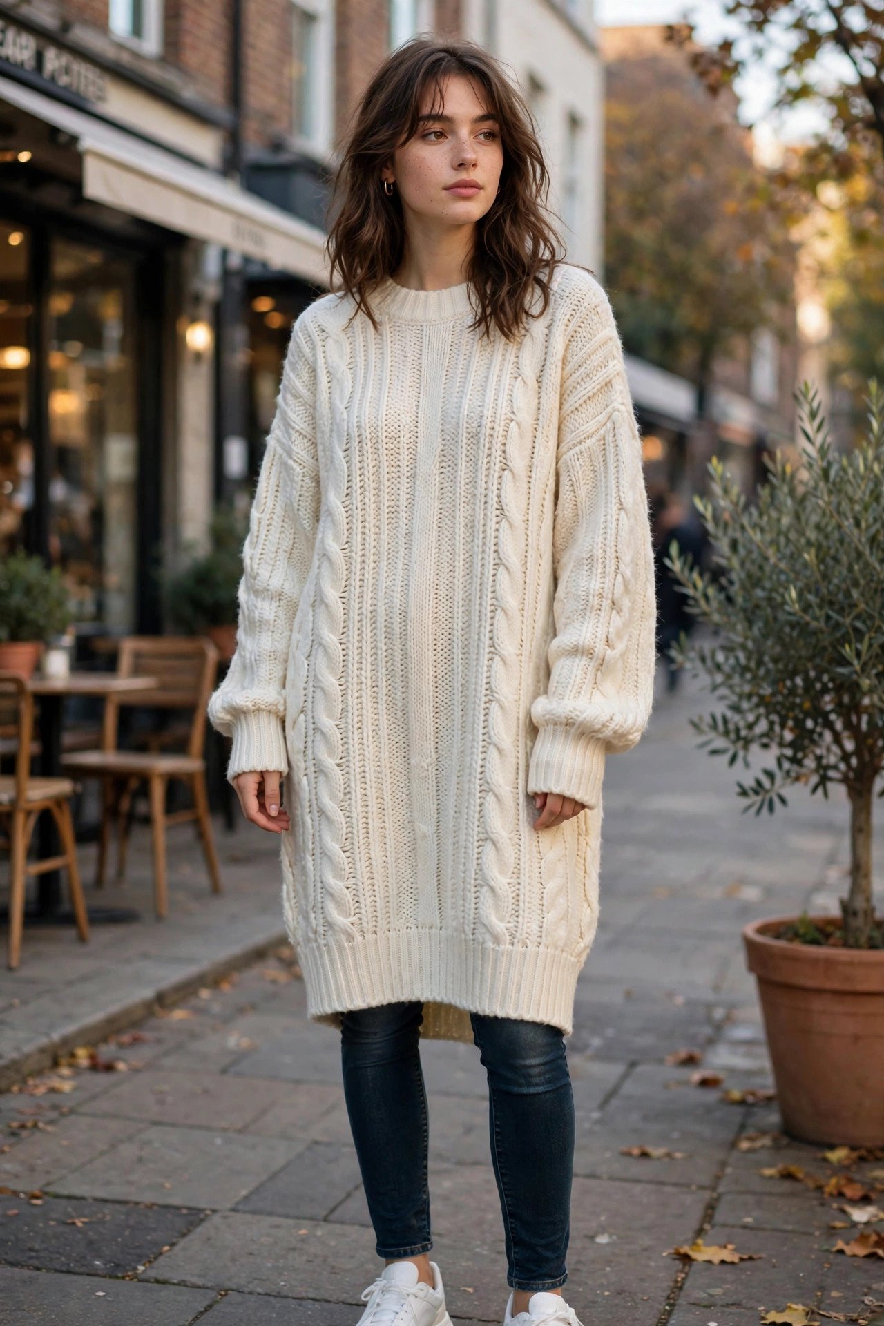 Woman in a knit sweater dress, casual chic outfit