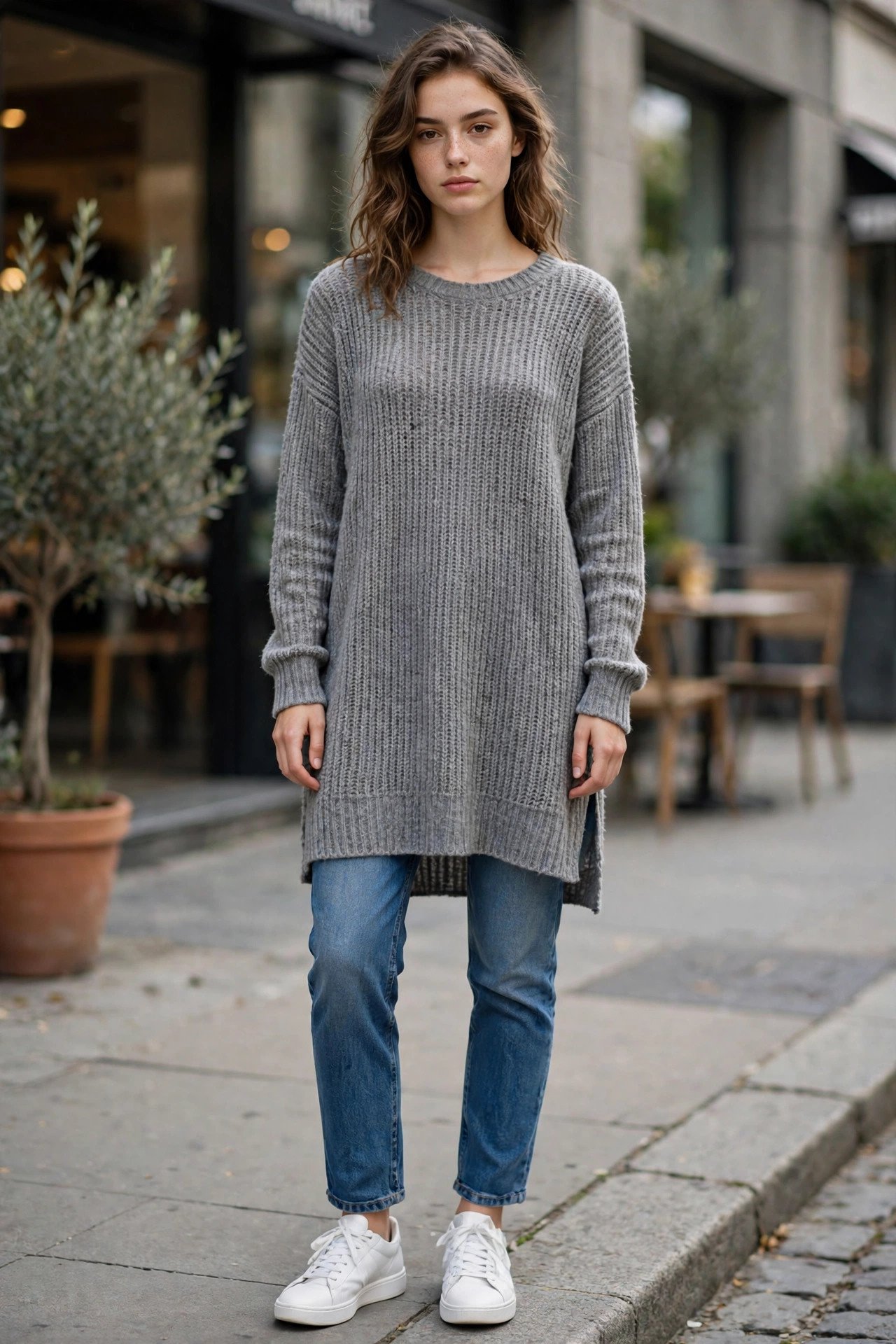 Woman wearing a cozy sweater dress outdoors