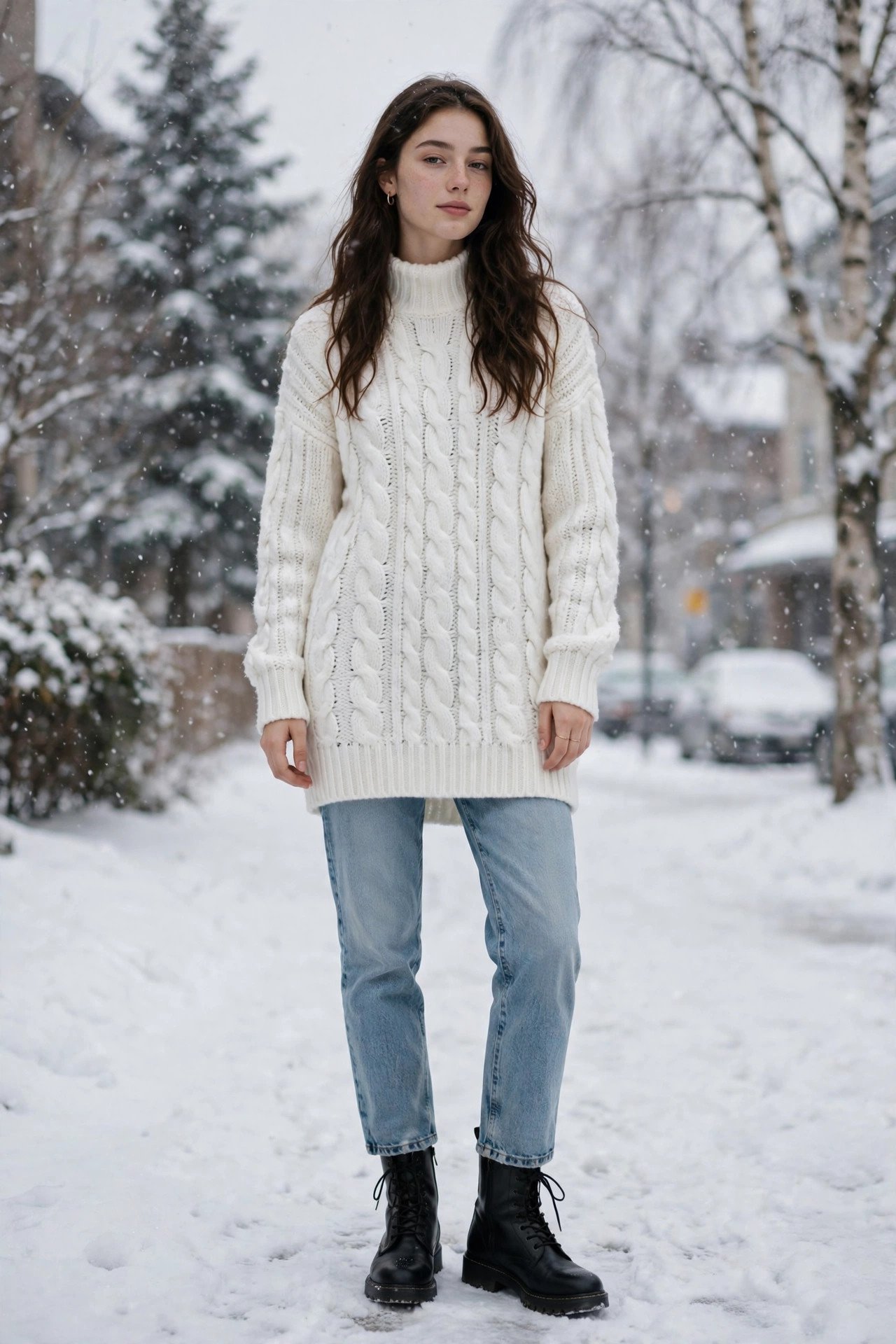 Woman wearing a sweater dress with jeans-style casual look
