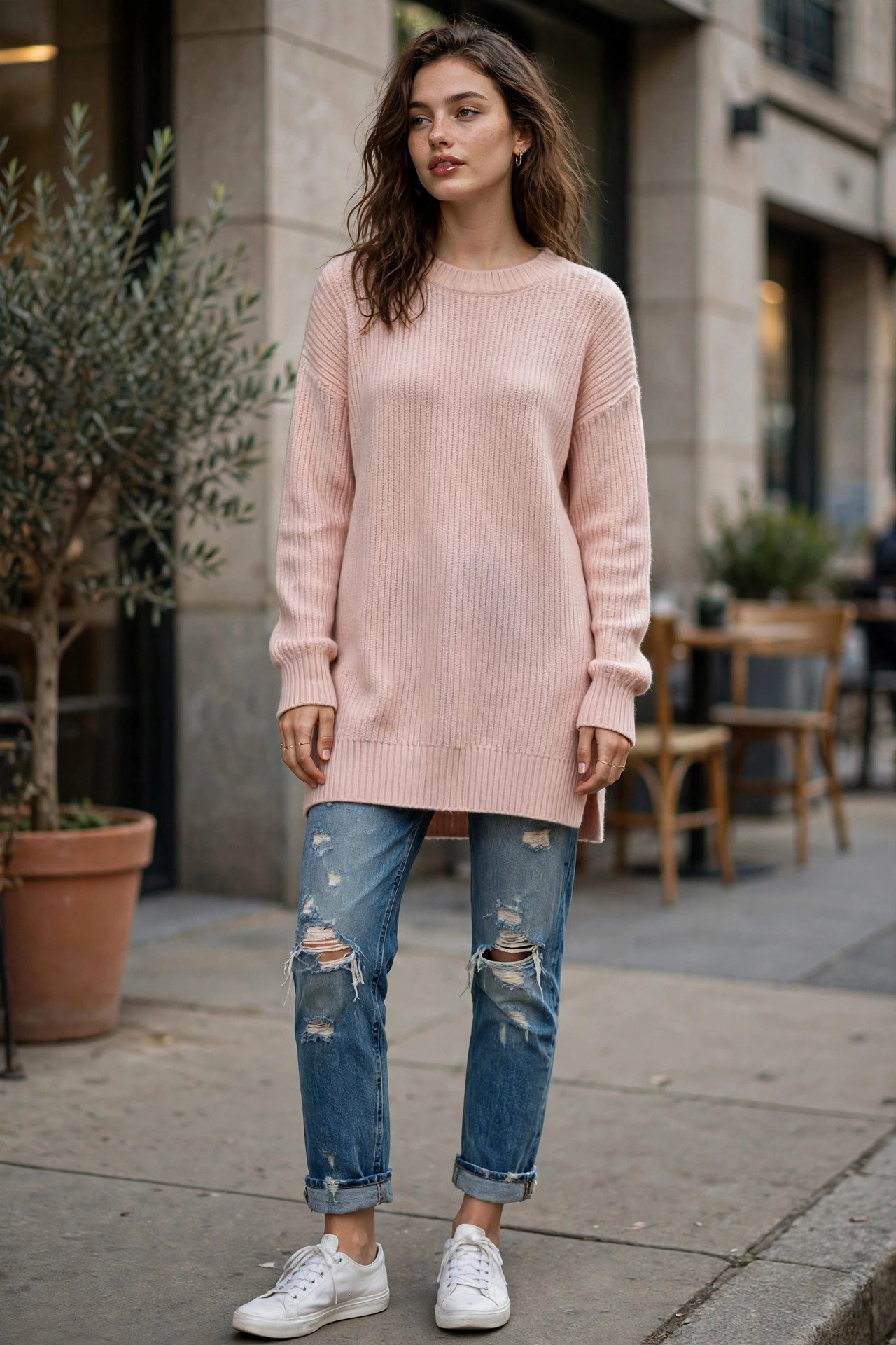 Woman posing in a knit dress with a coat