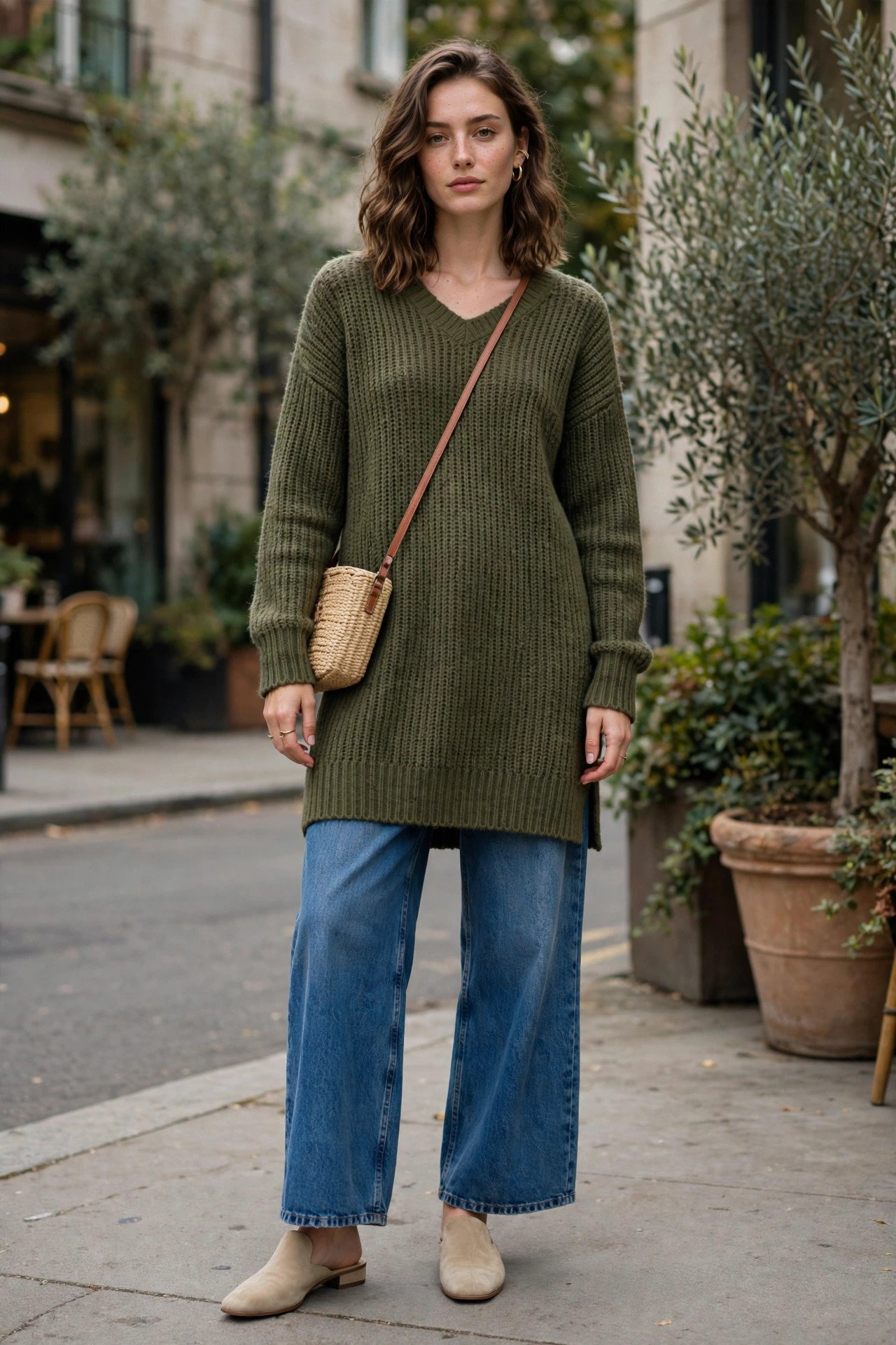 Woman in a long sleeve knit dress