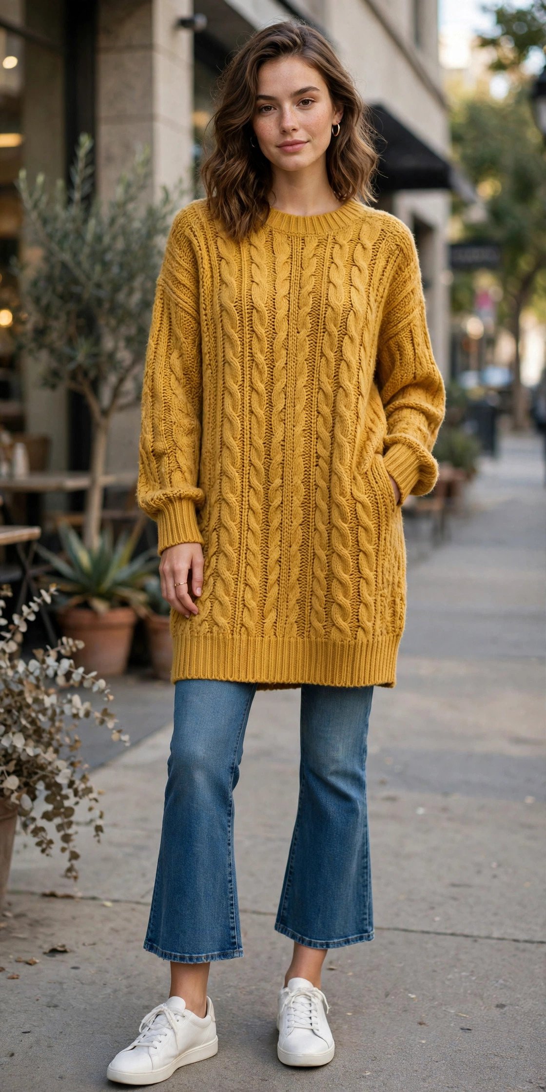 Woman in a knit dress indoors, casual style